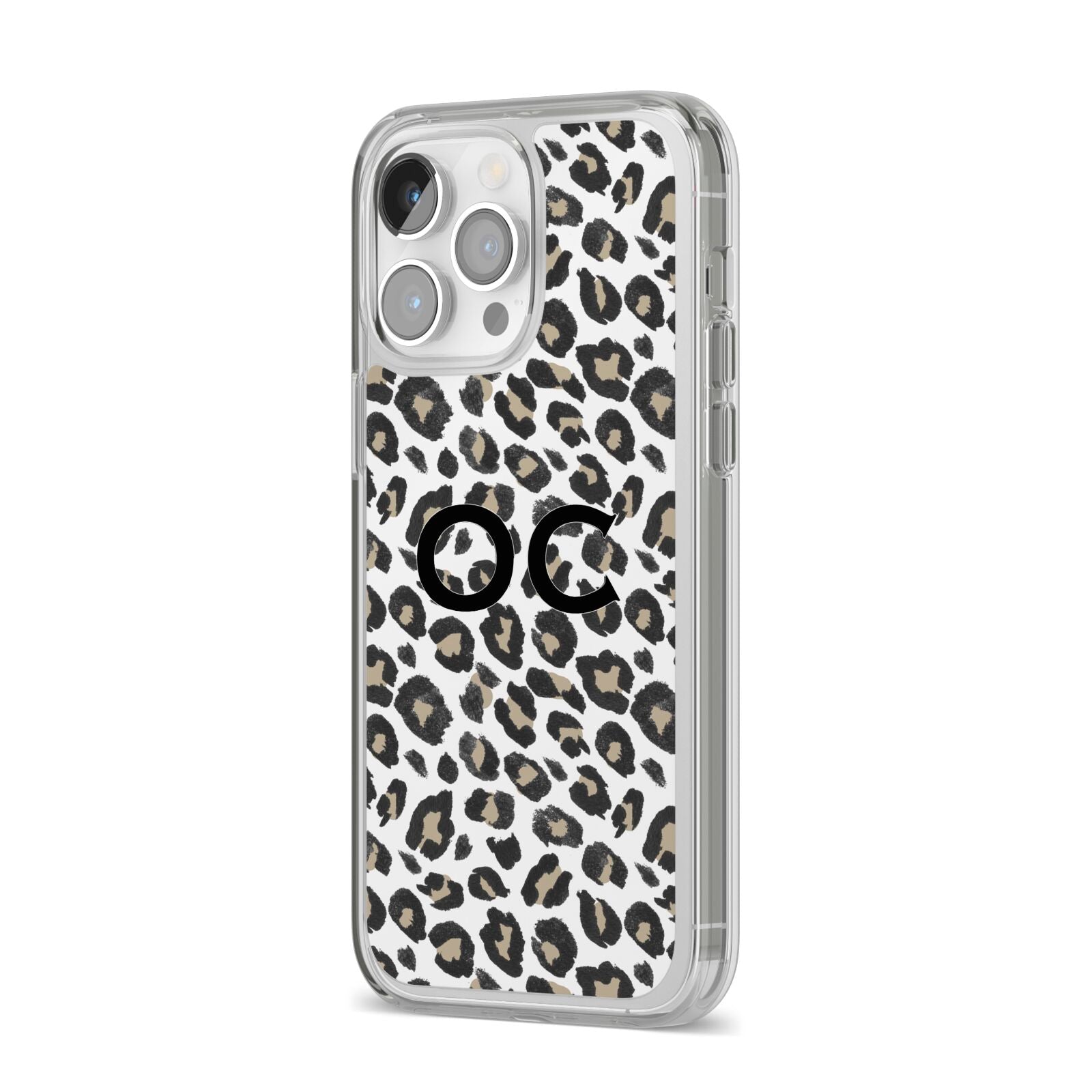 Tan Leopard Print Pattern iPhone 14 Pro Max Clear Tough Case Silver Angled Image