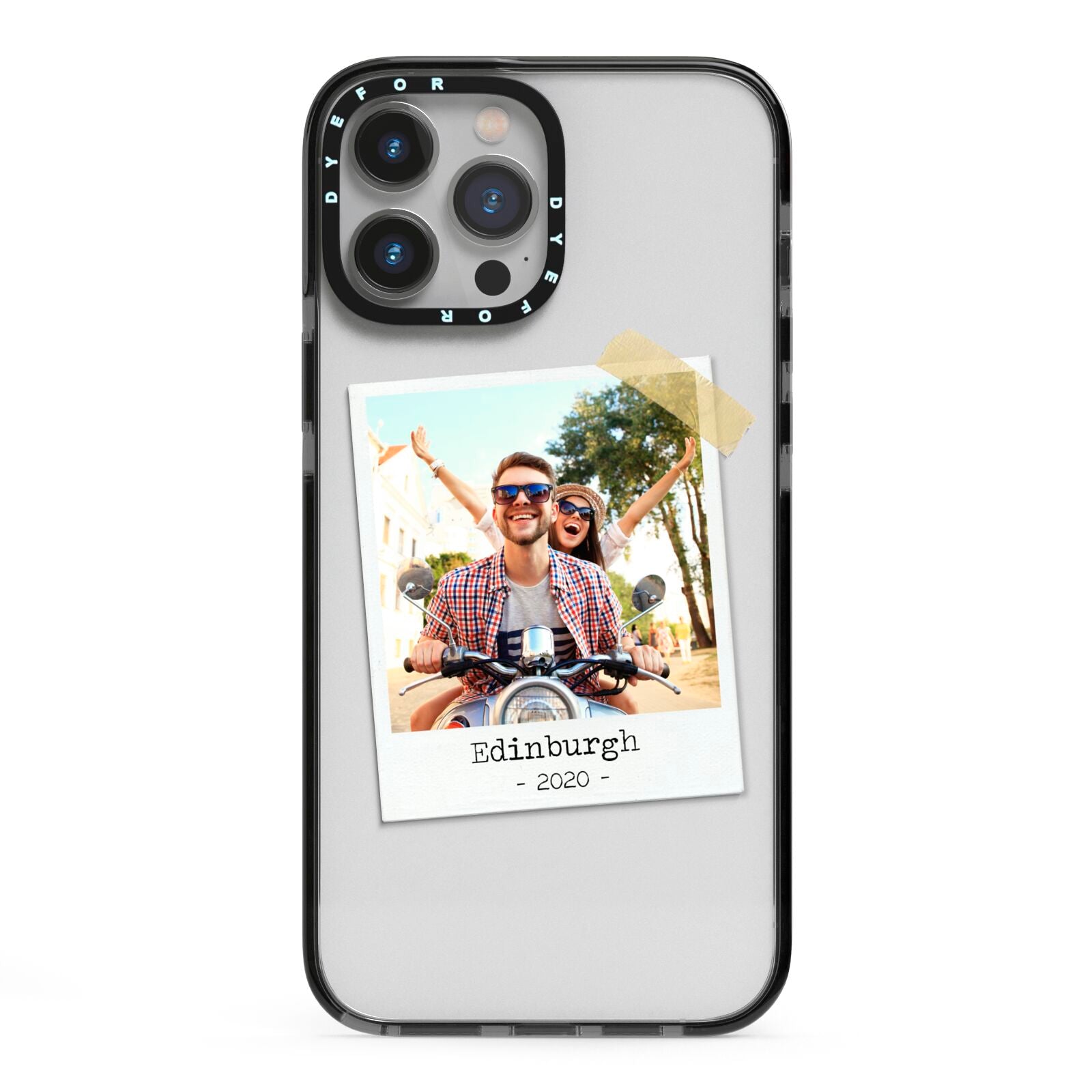 Taped Holiday Snap Photo Upload iPhone 13 Pro Max Black Impact Case on Silver phone