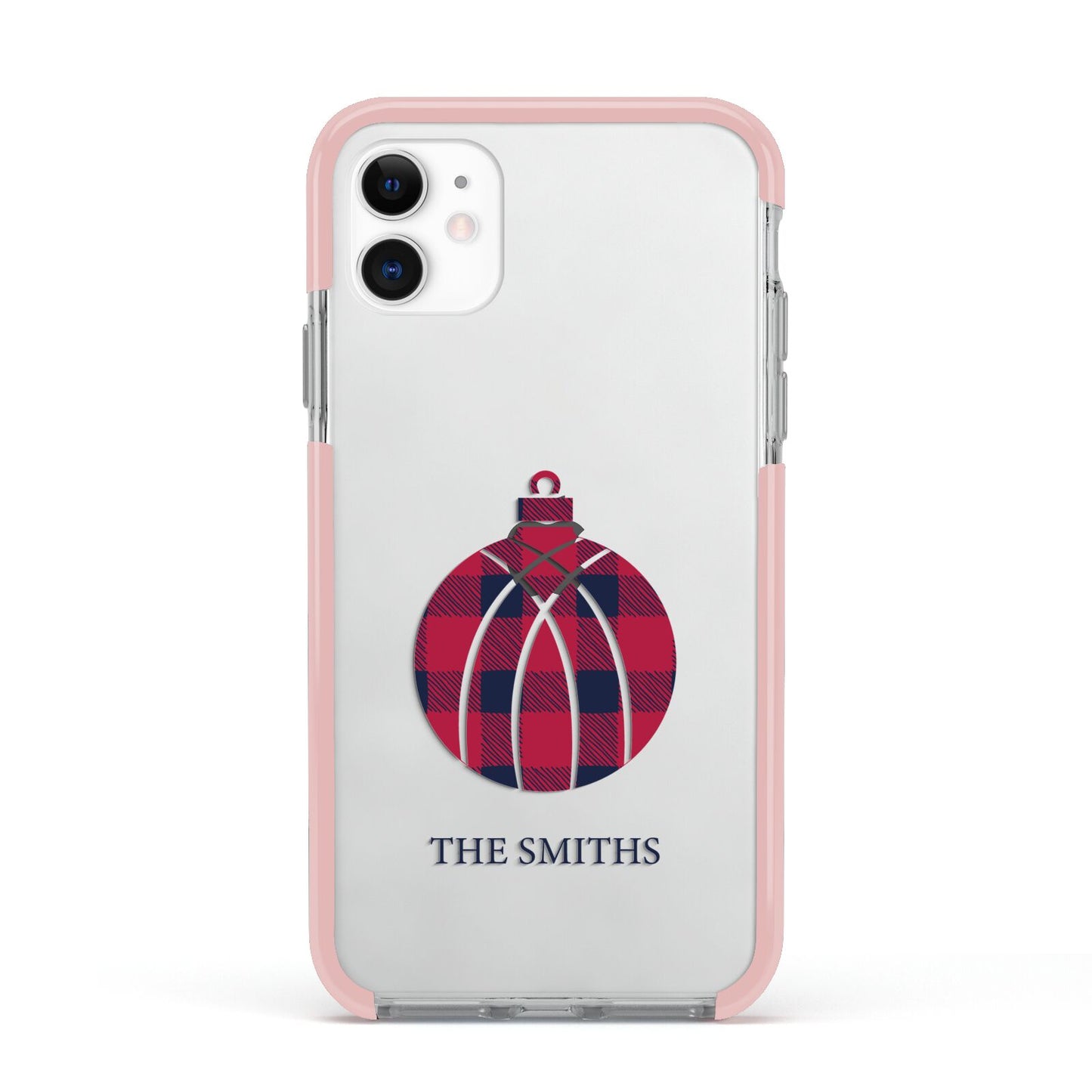Tartan Christmas Bauble Personalised Apple iPhone 11 in White with Pink Impact Case
