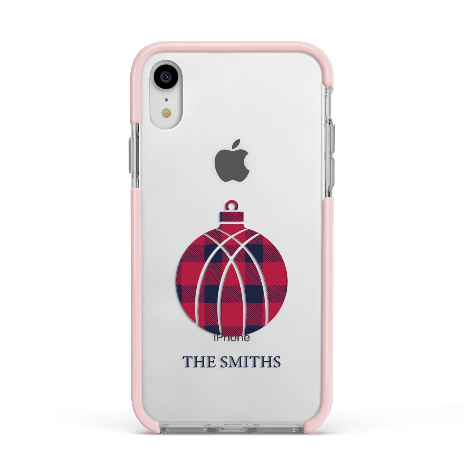Tartan Christmas Bauble Personalised Apple iPhone XR Impact Case Pink Edge on Silver Phone