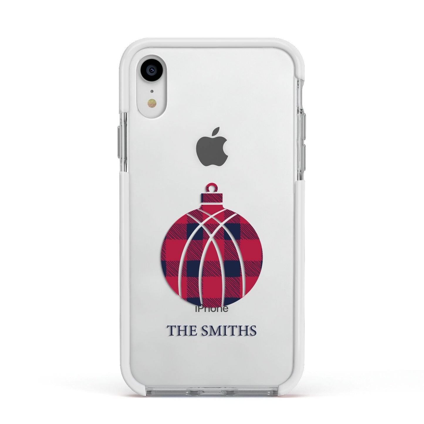 Tartan Christmas Bauble Personalised Apple iPhone XR Impact Case White Edge on Silver Phone