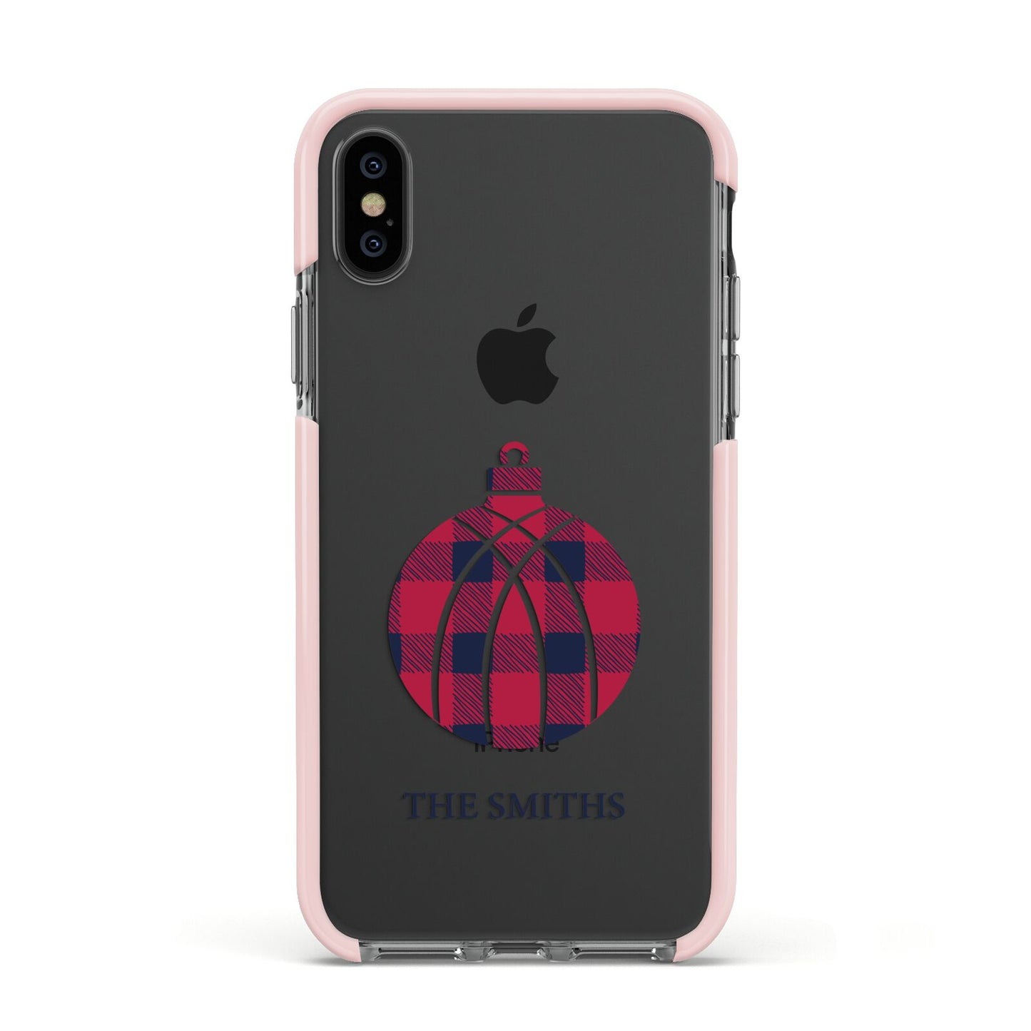 Tartan Christmas Bauble Personalised Apple iPhone Xs Impact Case Pink Edge on Black Phone