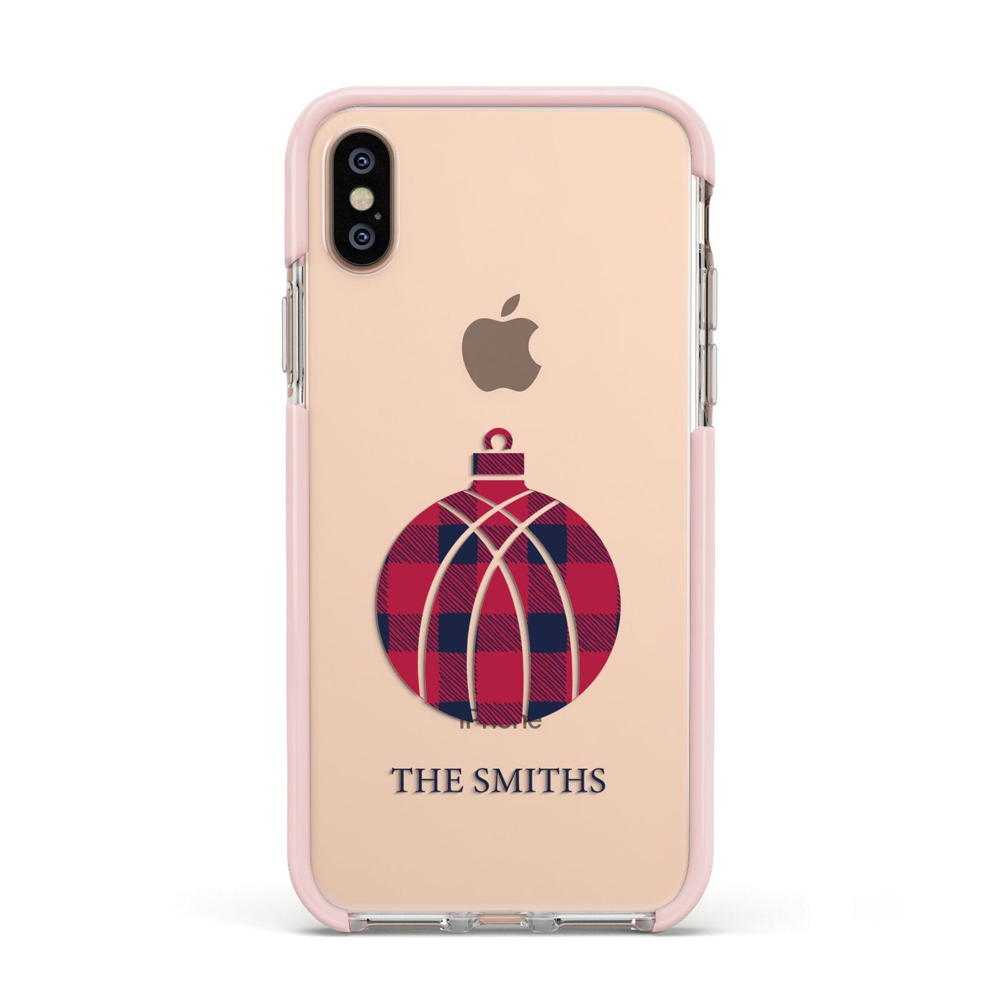 Tartan Christmas Bauble Personalised Apple iPhone Xs Impact Case Pink Edge on Gold Phone