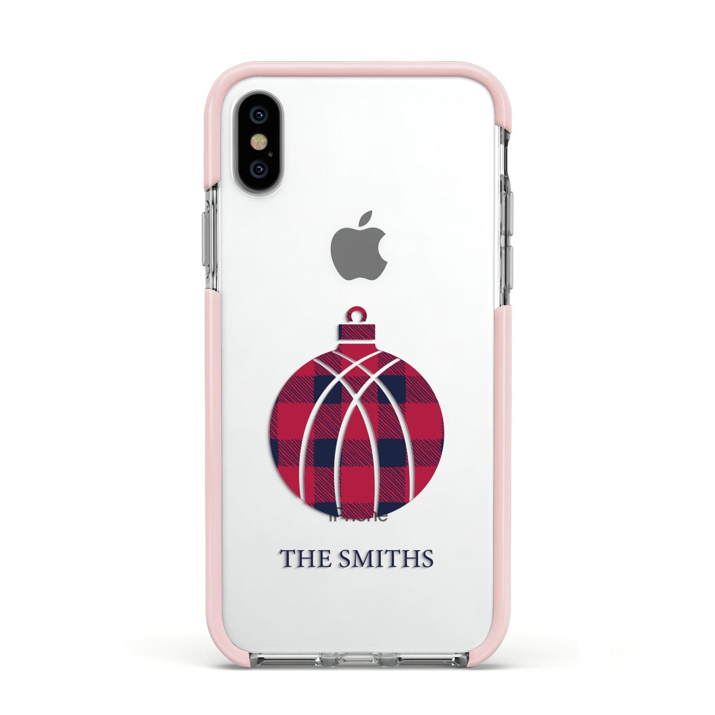 Tartan Christmas Bauble Personalised Apple iPhone Xs Impact Case Pink Edge on Silver Phone