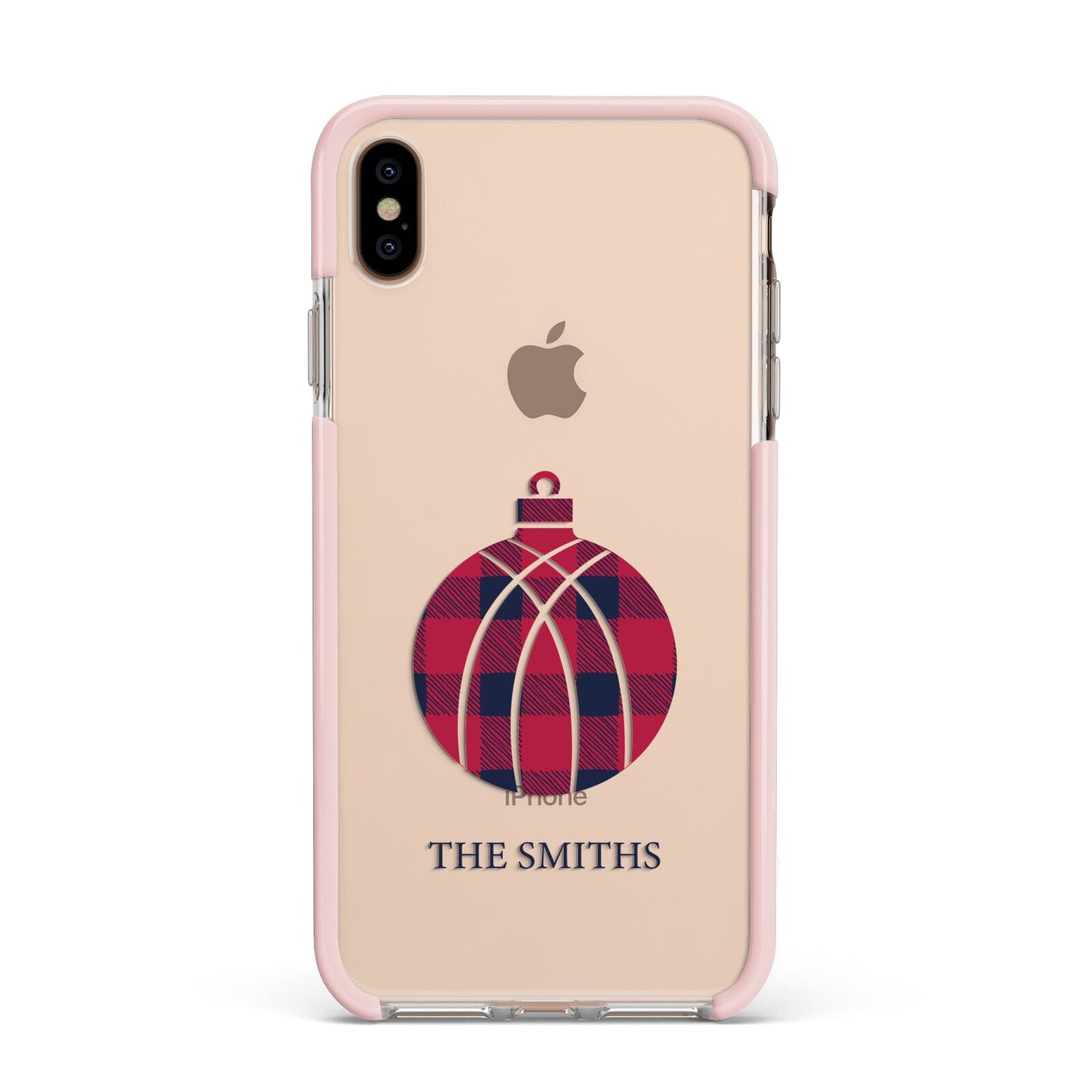 Tartan Christmas Bauble Personalised Apple iPhone Xs Max Impact Case Pink Edge on Gold Phone