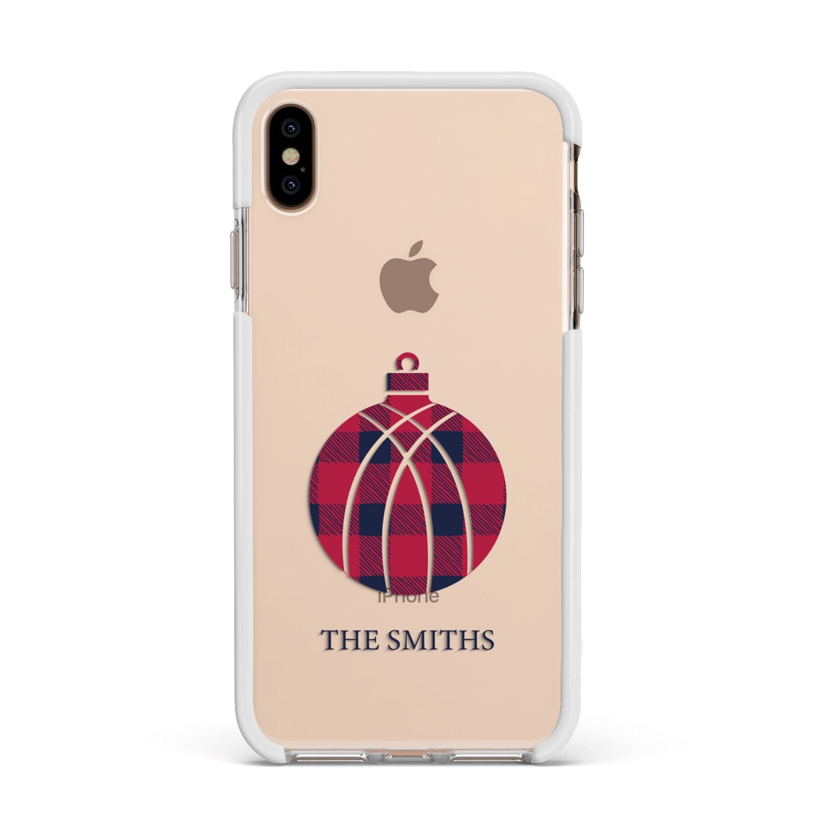 Tartan Christmas Bauble Personalised Apple iPhone Xs Max Impact Case White Edge on Gold Phone