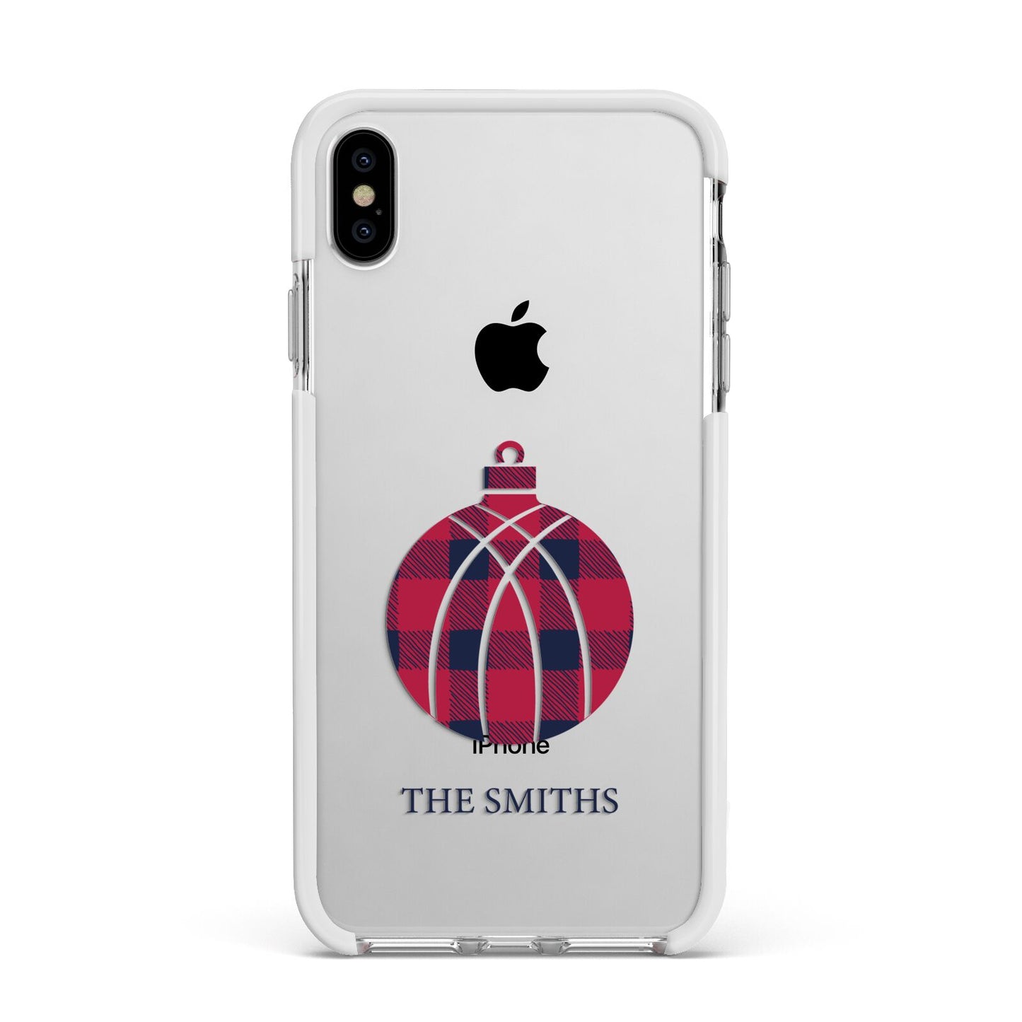 Tartan Christmas Bauble Personalised Apple iPhone Xs Max Impact Case White Edge on Silver Phone