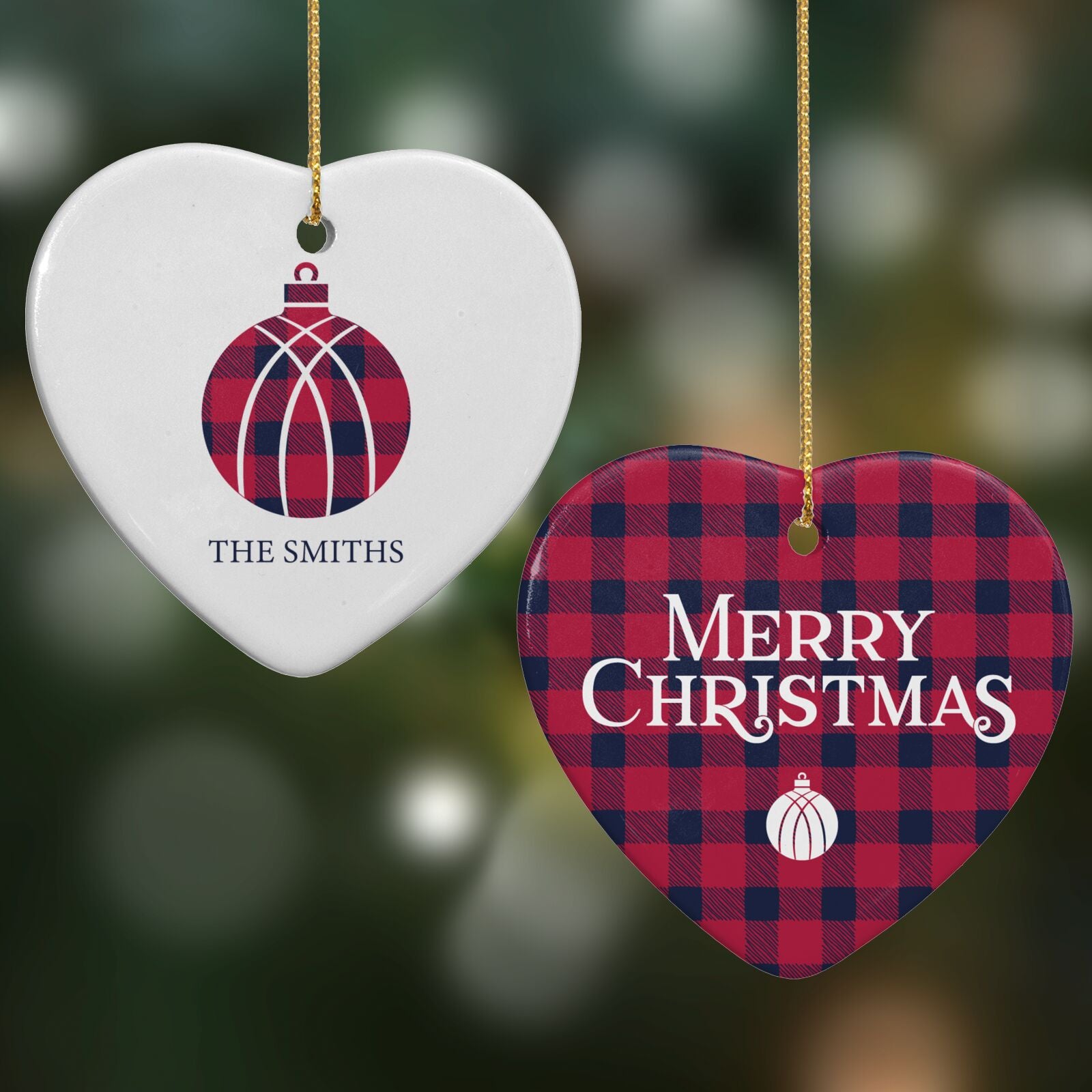 Tartan Christmas Bauble Personalised Heart Decoration on Christmas Background