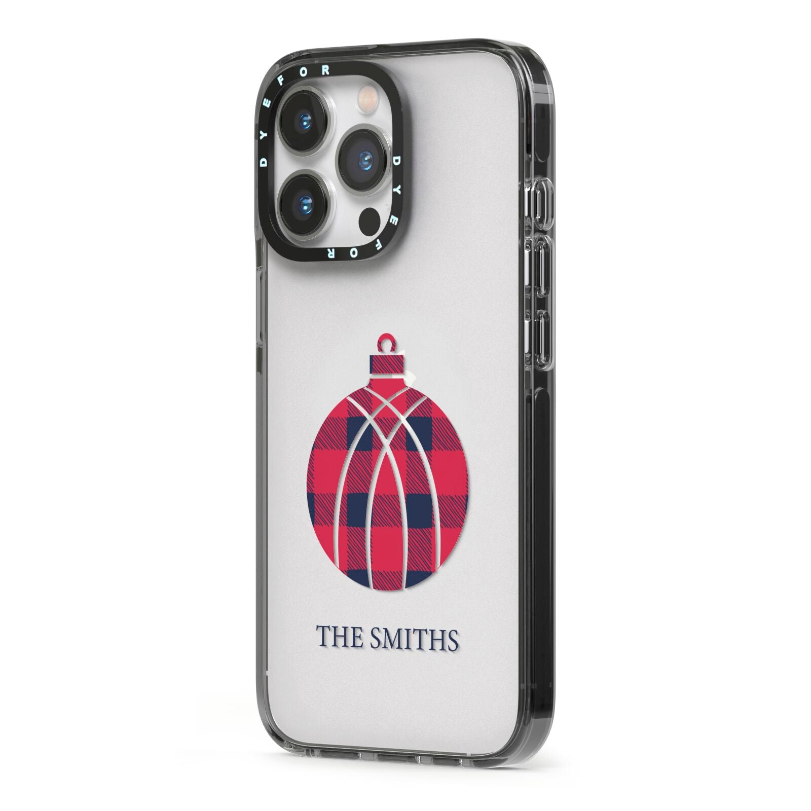 Tartan Christmas Bauble Personalised iPhone 13 Pro Black Impact Case Side Angle on Silver phone