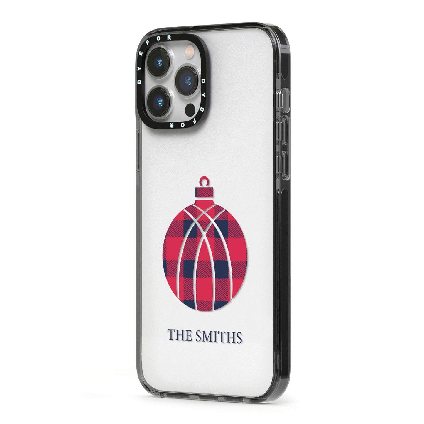 Tartan Christmas Bauble Personalised iPhone 13 Pro Max Black Impact Case Side Angle on Silver phone