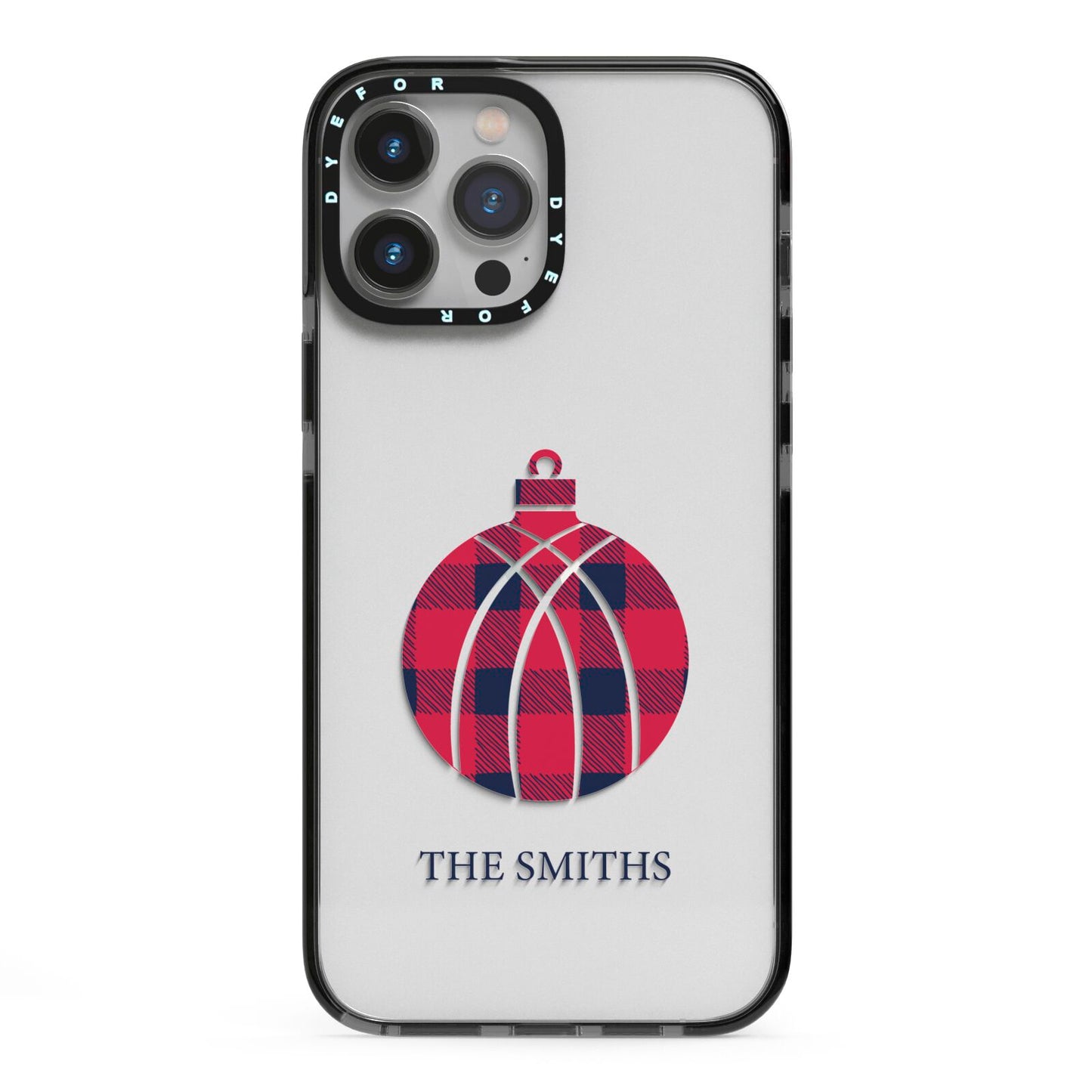 Tartan Christmas Bauble Personalised iPhone 13 Pro Max Black Impact Case on Silver phone