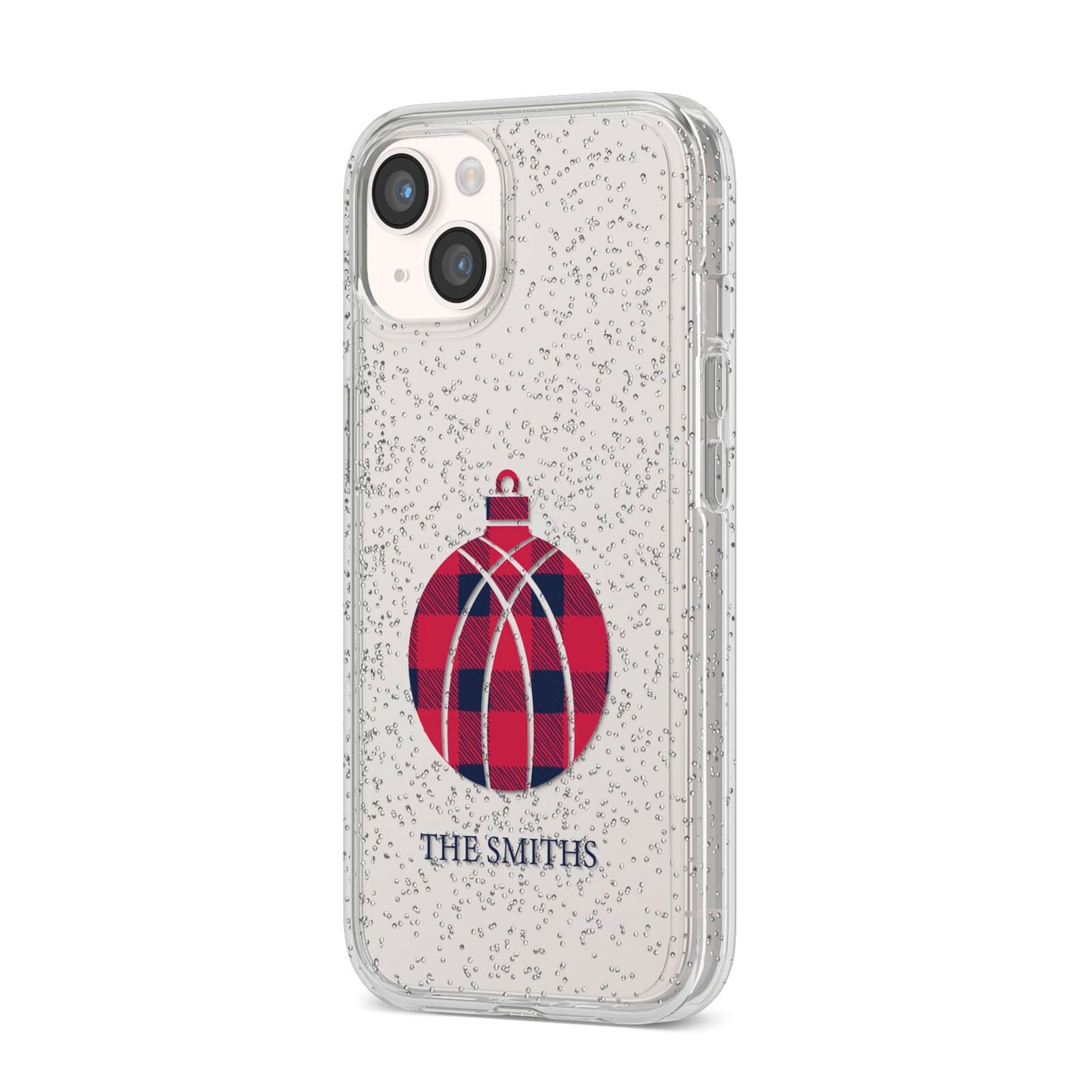 Tartan Christmas Bauble Personalised iPhone 14 Glitter Tough Case Starlight Angled Image