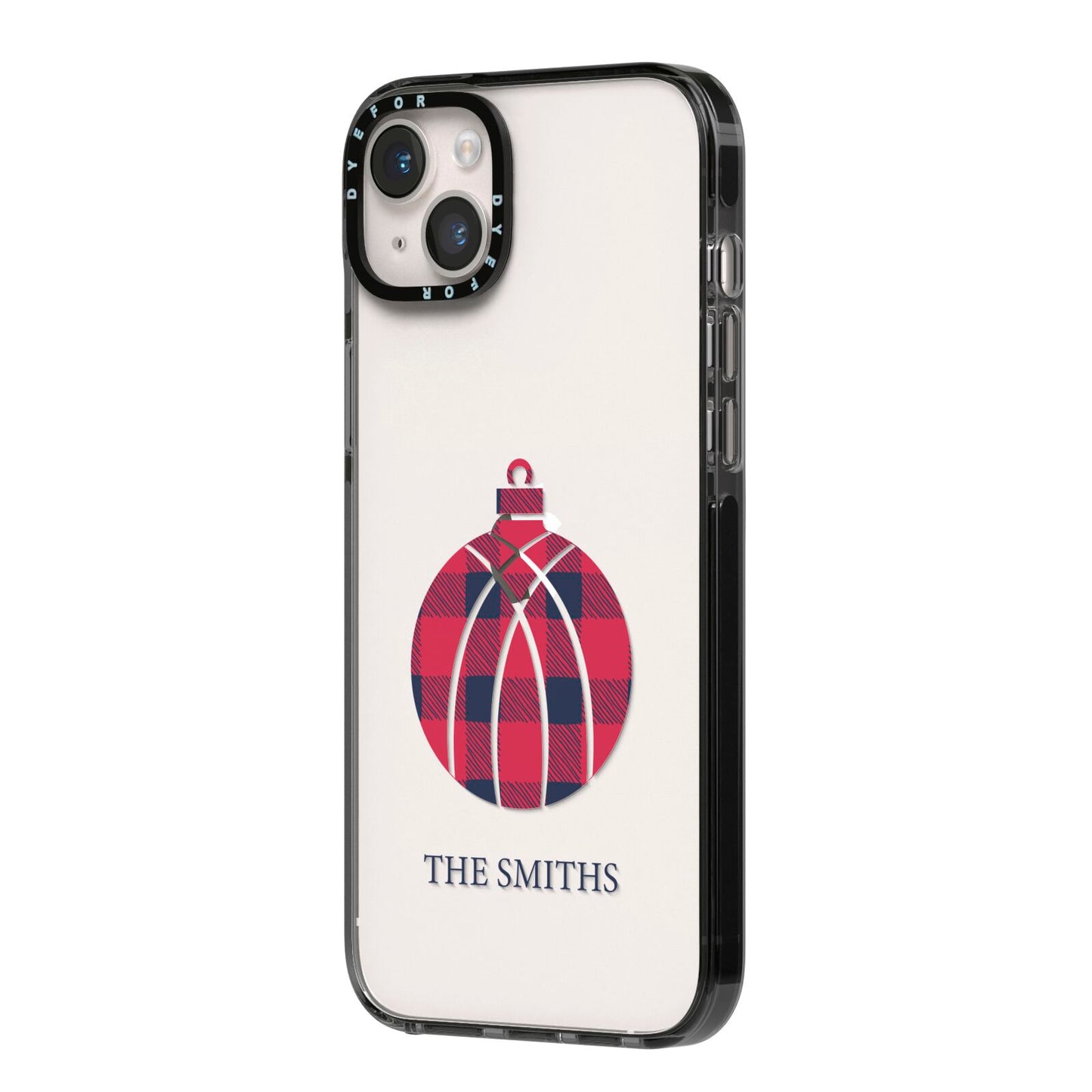 Tartan Christmas Bauble Personalised iPhone 14 Plus Black Impact Case Side Angle on Silver phone