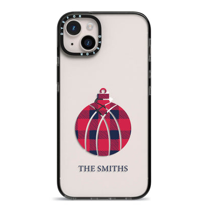Tartan Christmas Bauble Personalised iPhone 14 Plus Black Impact Case on Silver phone