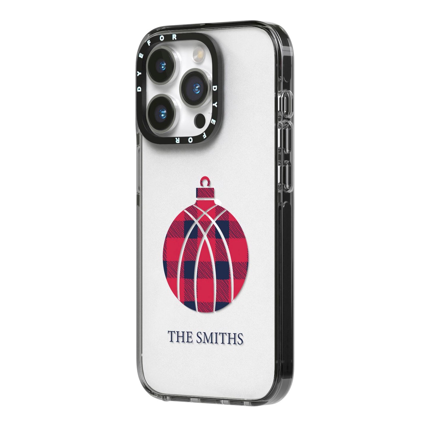 Tartan Christmas Bauble Personalised iPhone 14 Pro Black Impact Case Side Angle on Silver phone