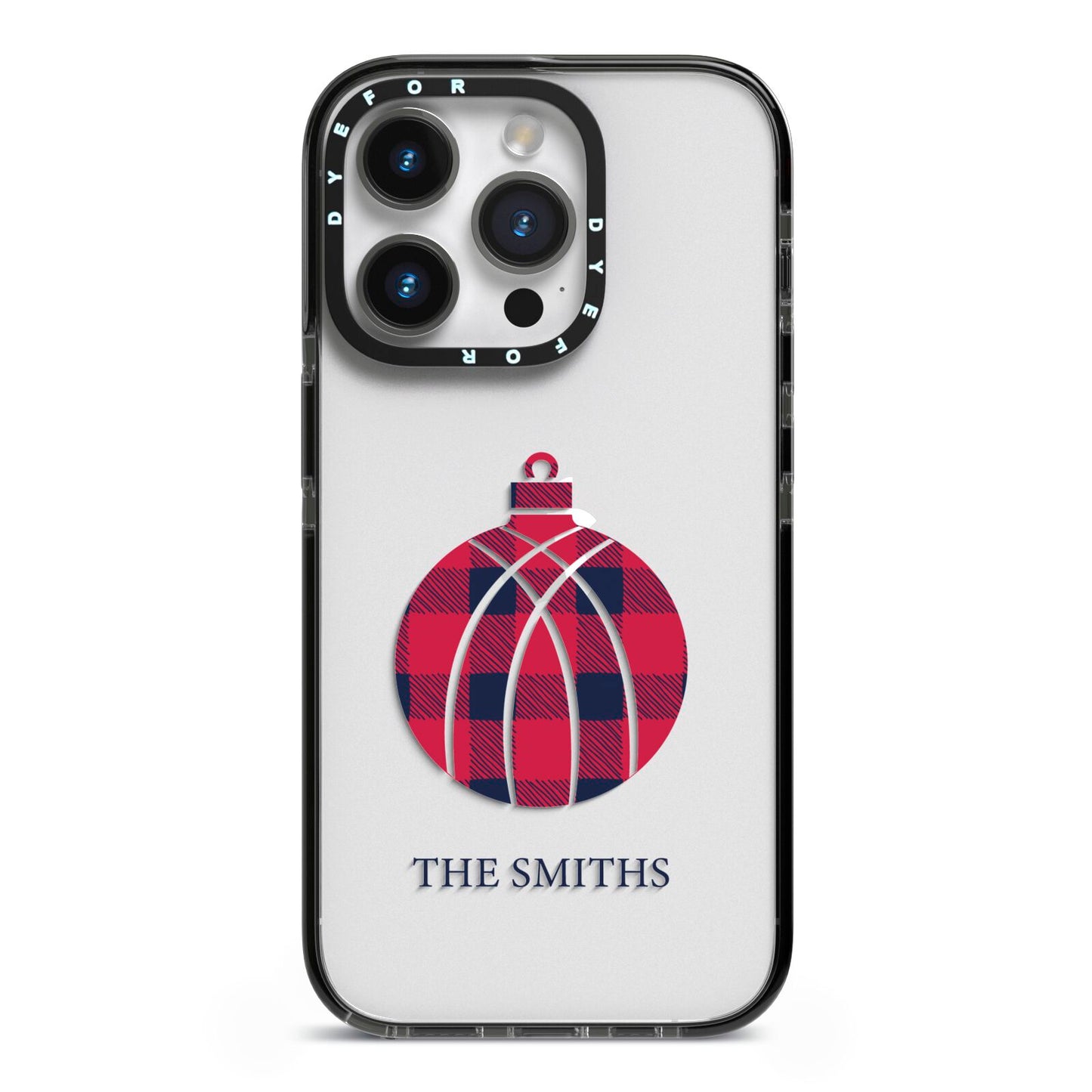 Tartan Christmas Bauble Personalised iPhone 14 Pro Black Impact Case on Silver phone