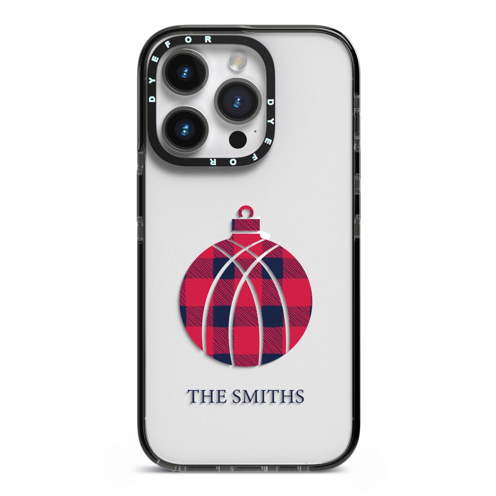 Tartan Christmas Bauble Personalised iPhone 14 Pro Black Impact Case on Silver phone