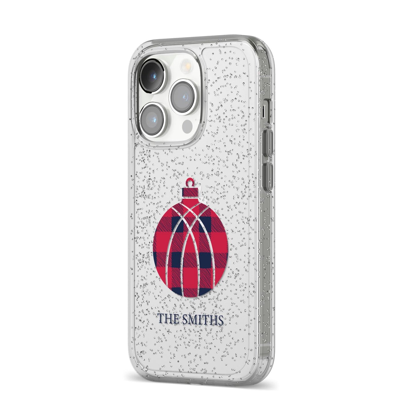 Tartan Christmas Bauble Personalised iPhone 14 Pro Glitter Tough Case Silver Angled Image