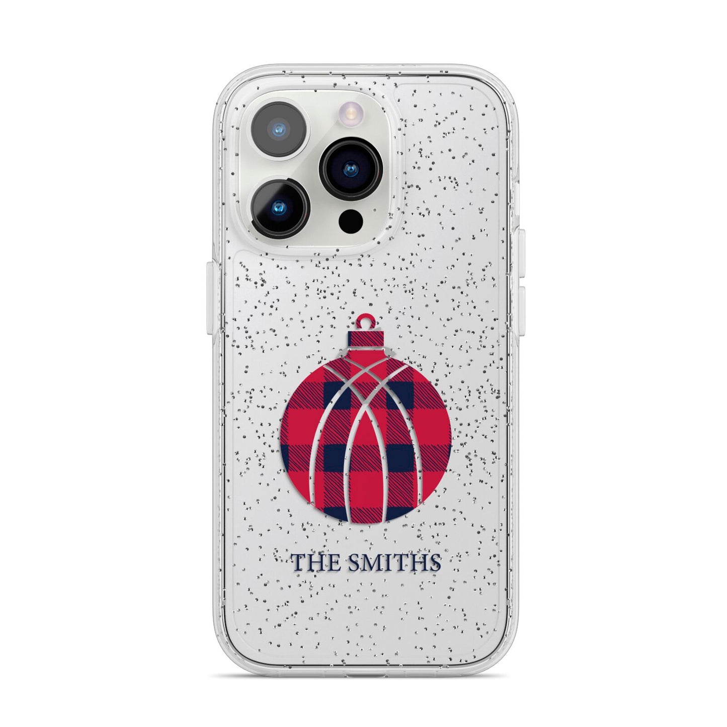 Tartan Christmas Bauble Personalised iPhone 14 Pro Glitter Tough Case Silver