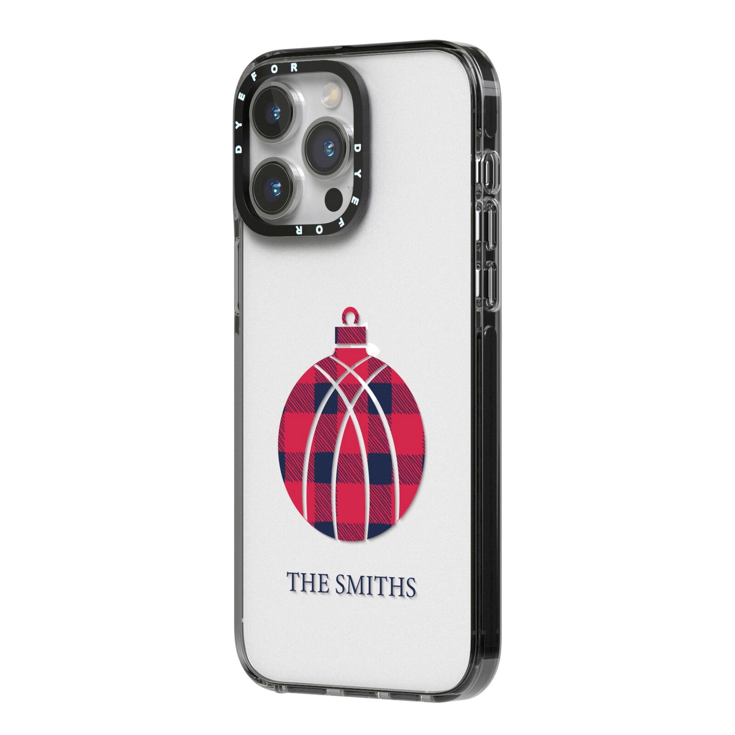 Tartan Christmas Bauble Personalised iPhone 14 Pro Max Black Impact Case Side Angle on Silver phone