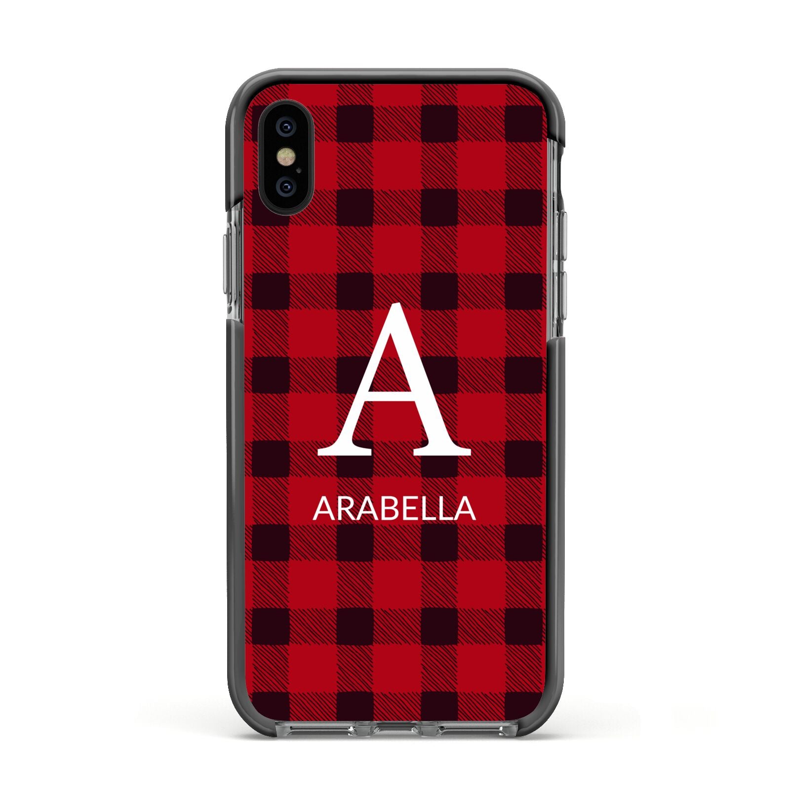 Tartan Christmas Personalised Apple iPhone Xs Impact Case Black Edge on Black Phone