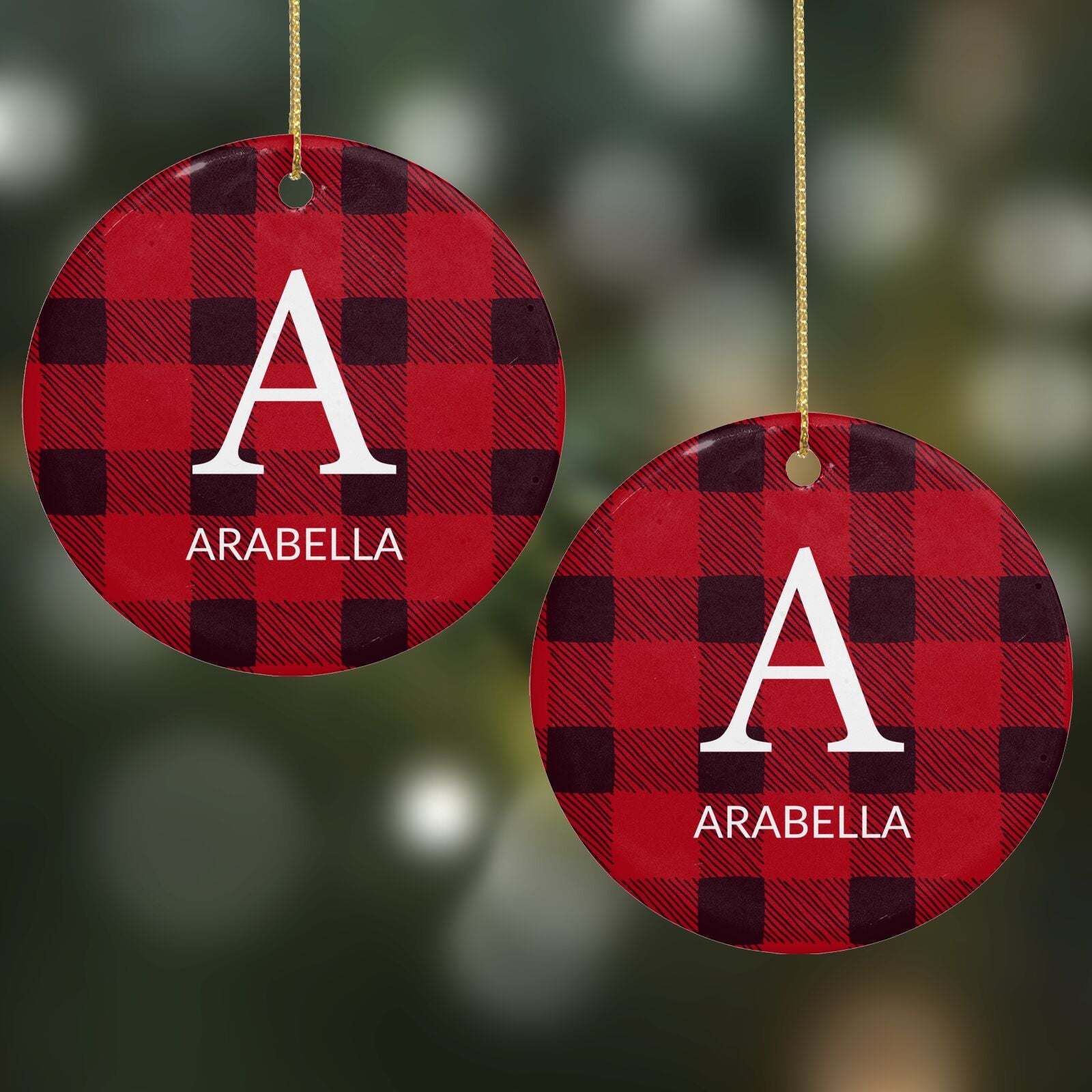 Tartan Christmas Personalised Round Decoration on Christmas Background