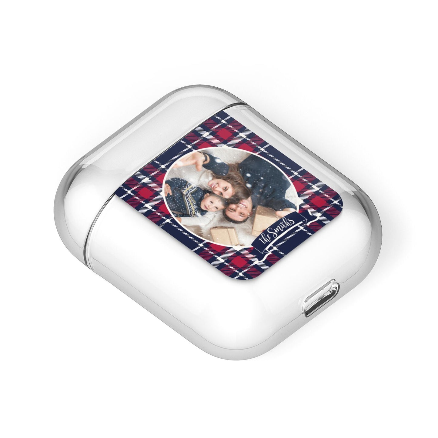 Tartan Christmas Photo Personalised AirPods Case Laid Flat