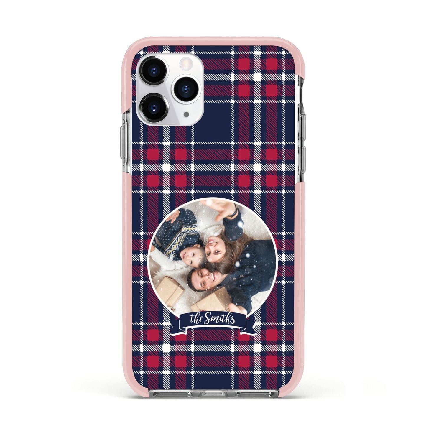 Tartan Christmas Photo Personalised Apple iPhone 11 Pro in Silver with Pink Impact Case