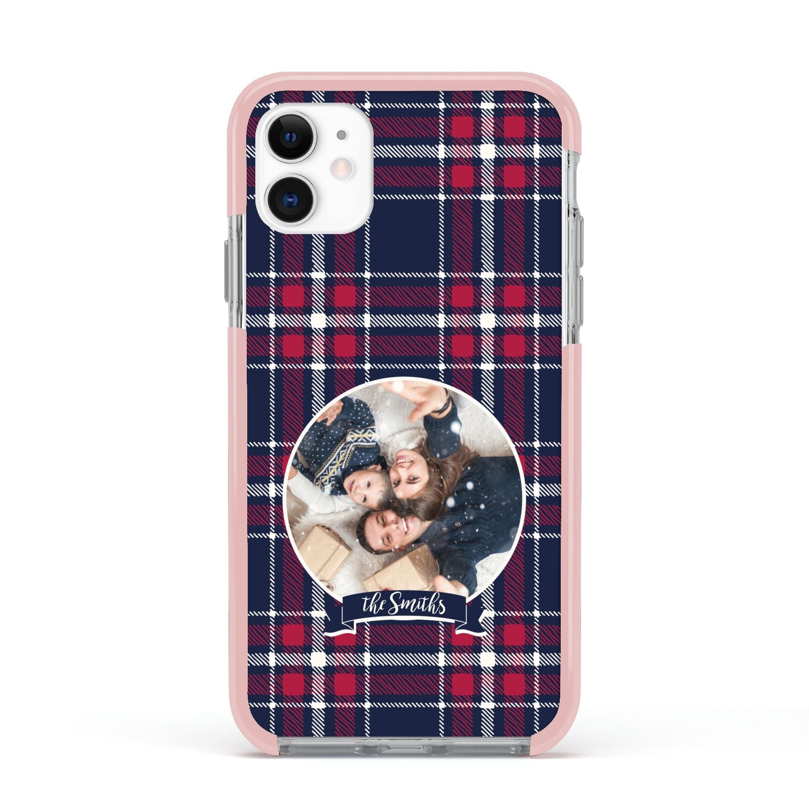 Tartan Christmas Photo Personalised Apple iPhone 11 in White with Pink Impact Case