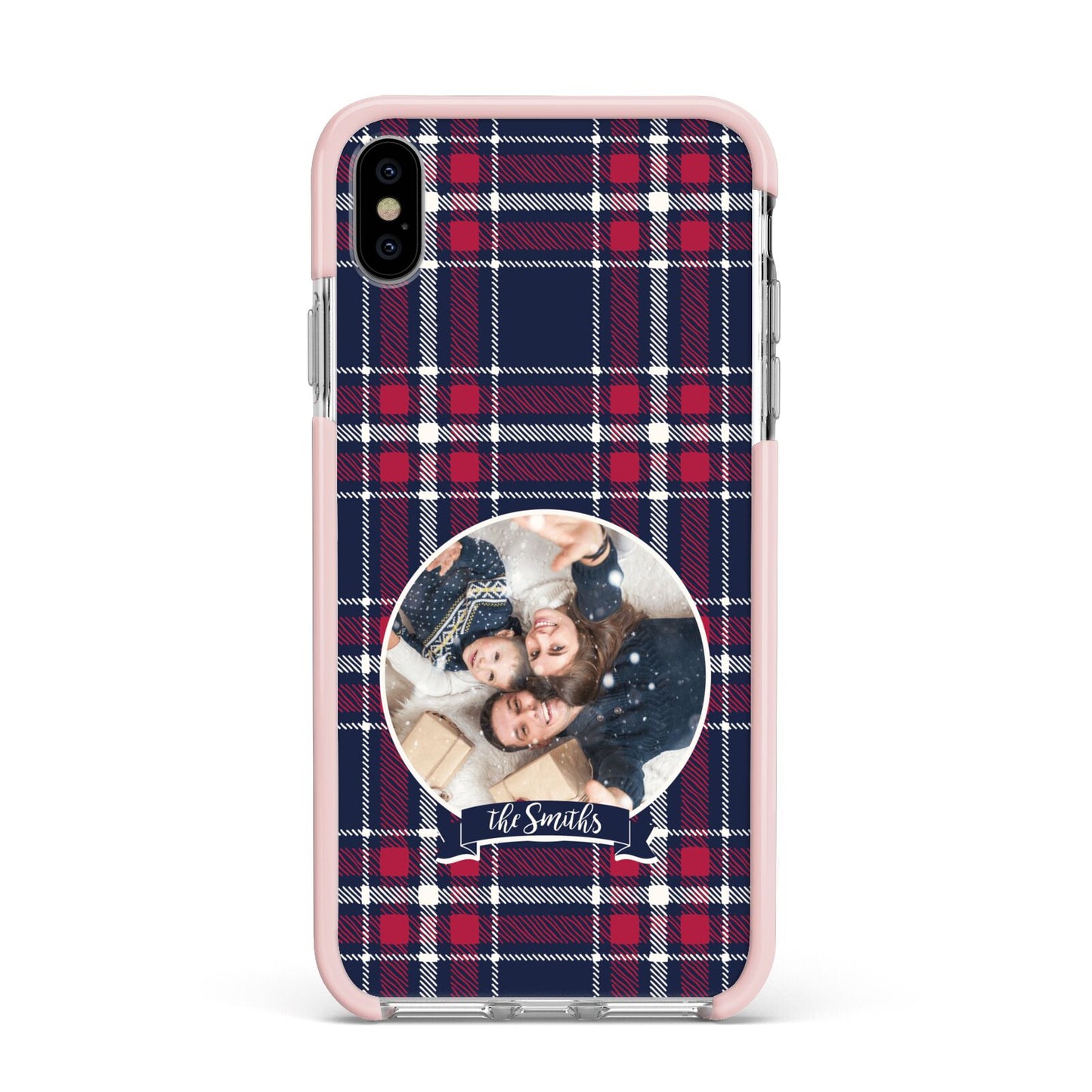 Tartan Christmas Photo Personalised Apple iPhone Xs Max Impact Case Pink Edge on Silver Phone