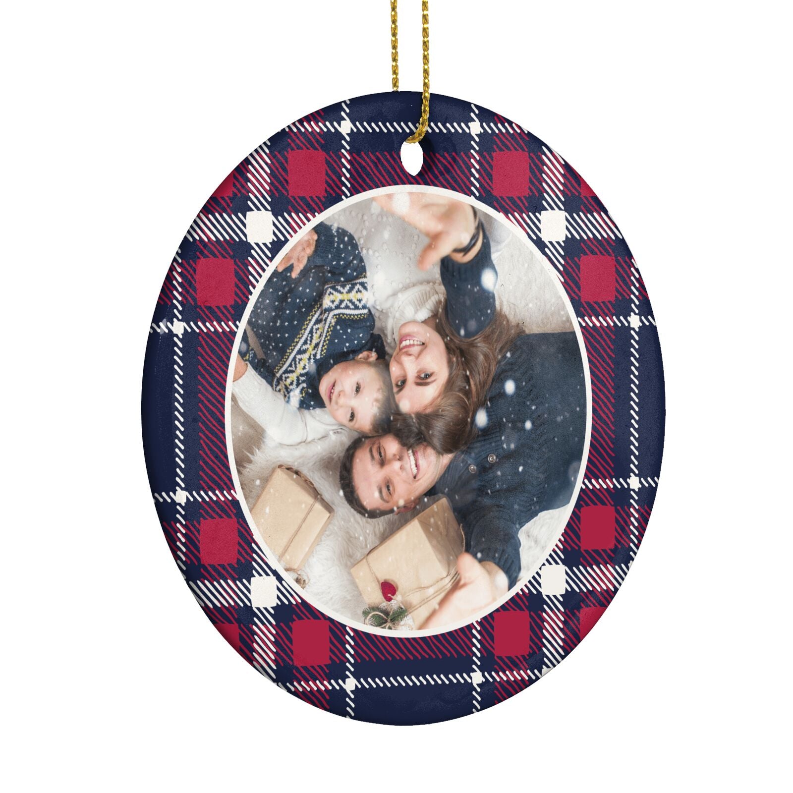Tartan Christmas Photo Personalised Circle Decoration Side Angle