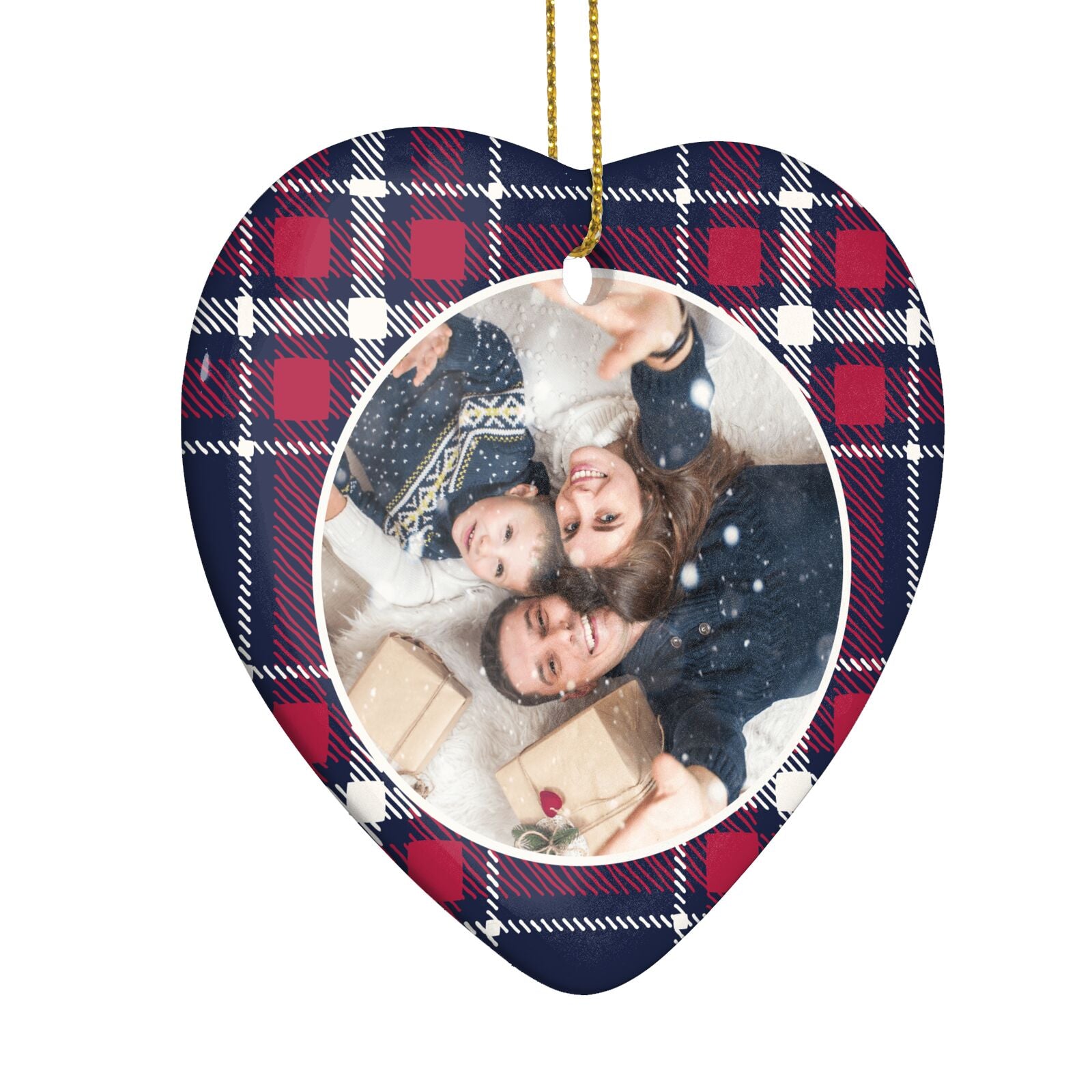 Tartan Christmas Photo Personalised Heart Decoration Side Angle