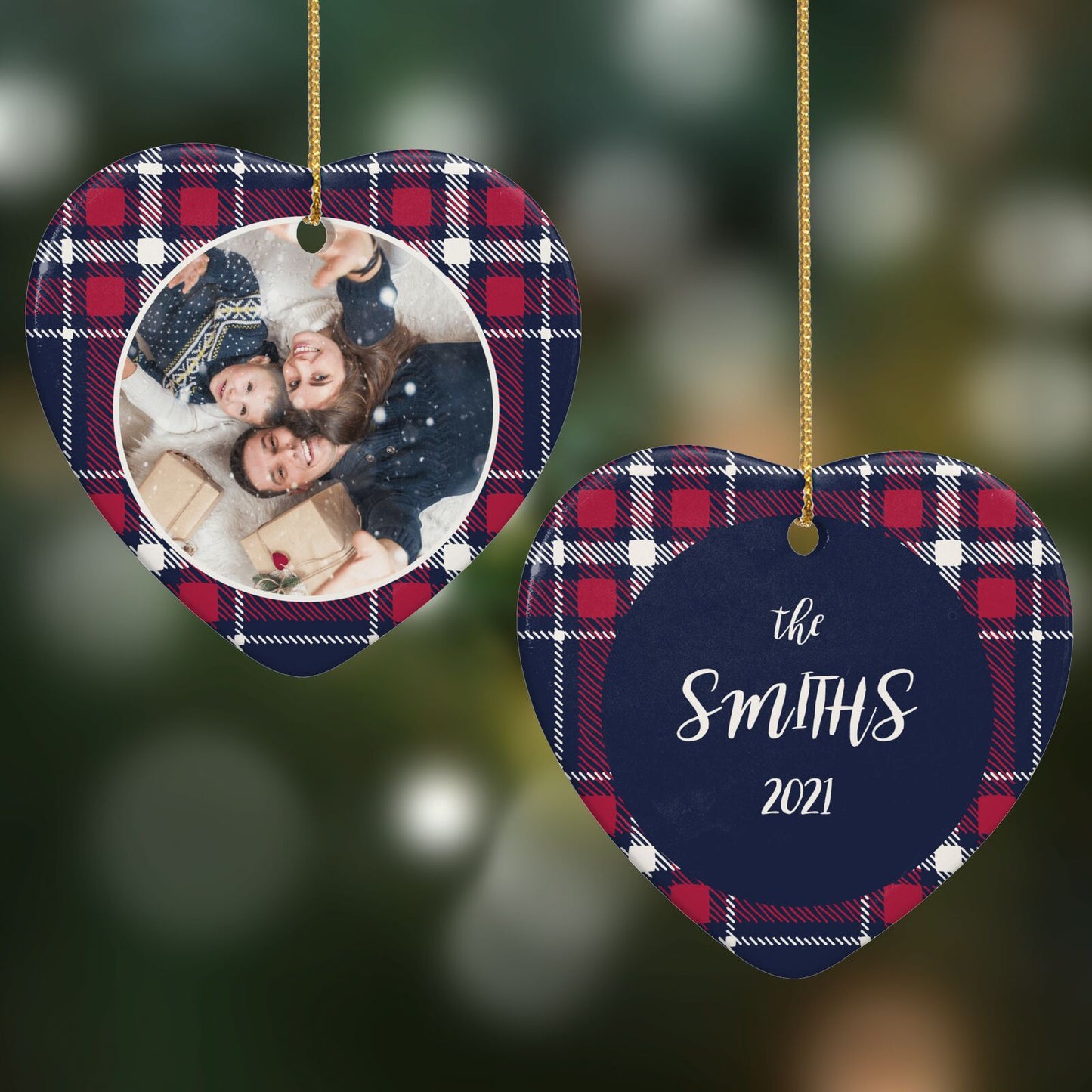 Tartan Christmas Photo Personalised Heart Decoration on Christmas Background