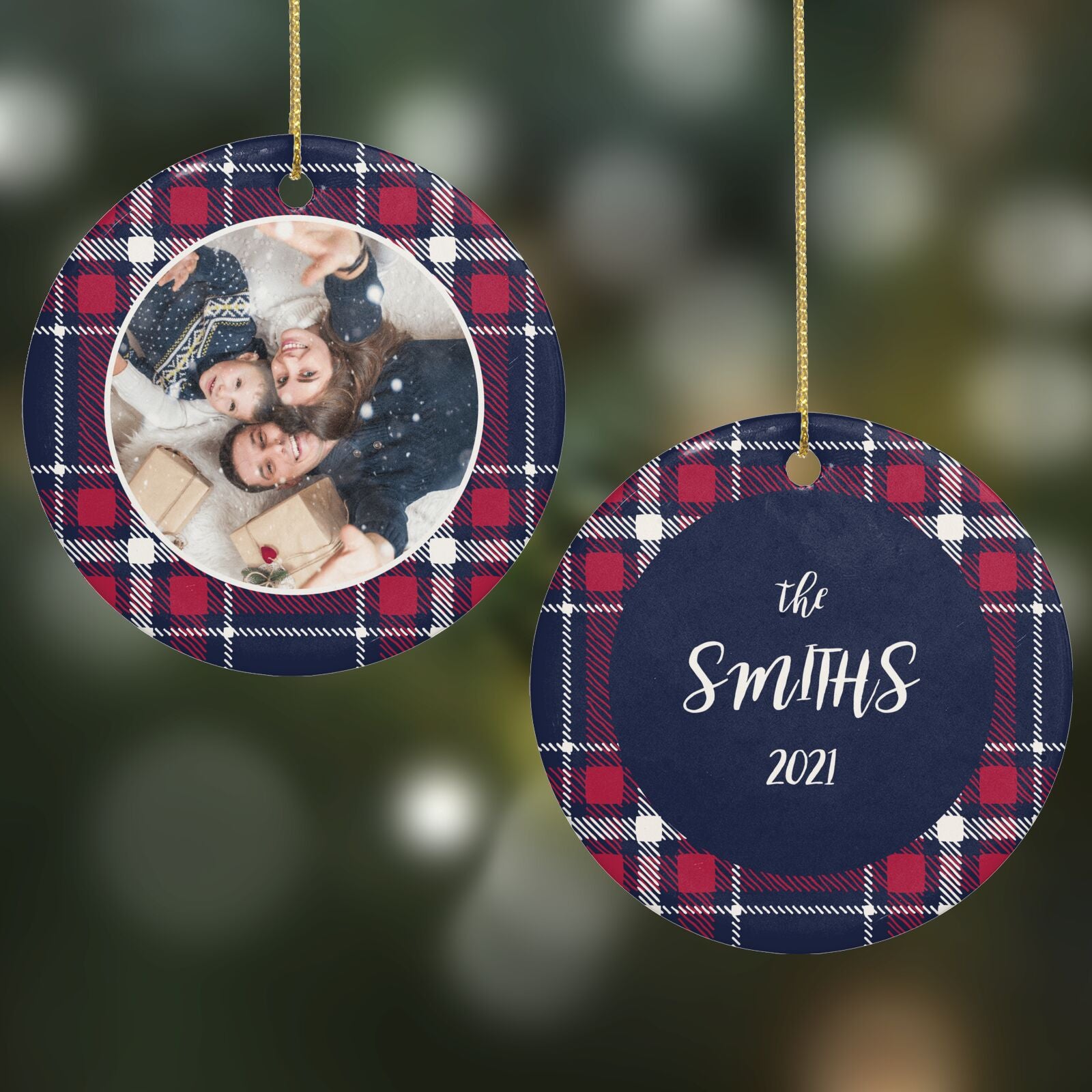 Tartan Christmas Photo Personalised Round Decoration on Christmas Background