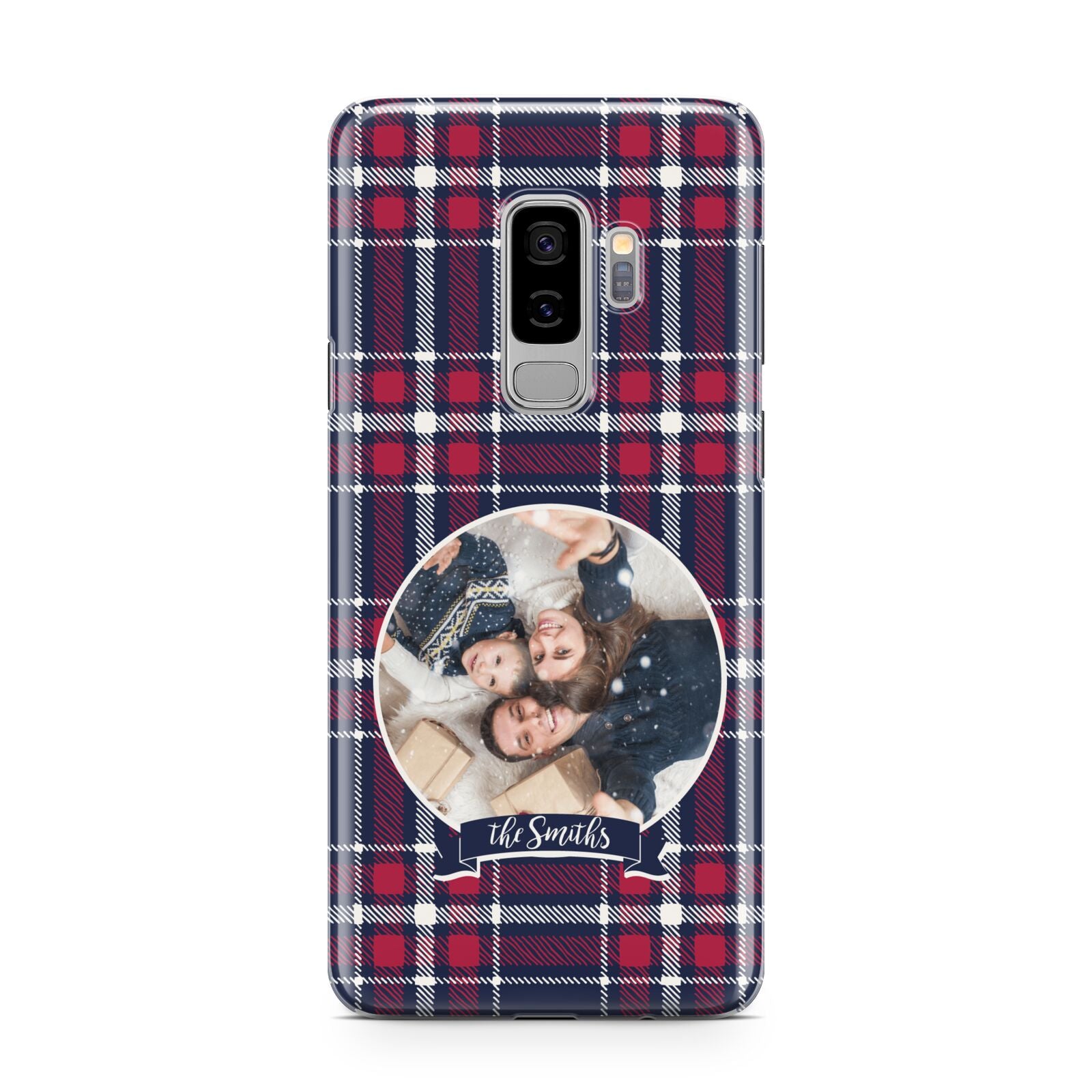 Tartan Christmas Photo Personalised Samsung Galaxy S9 Plus Case on Silver phone