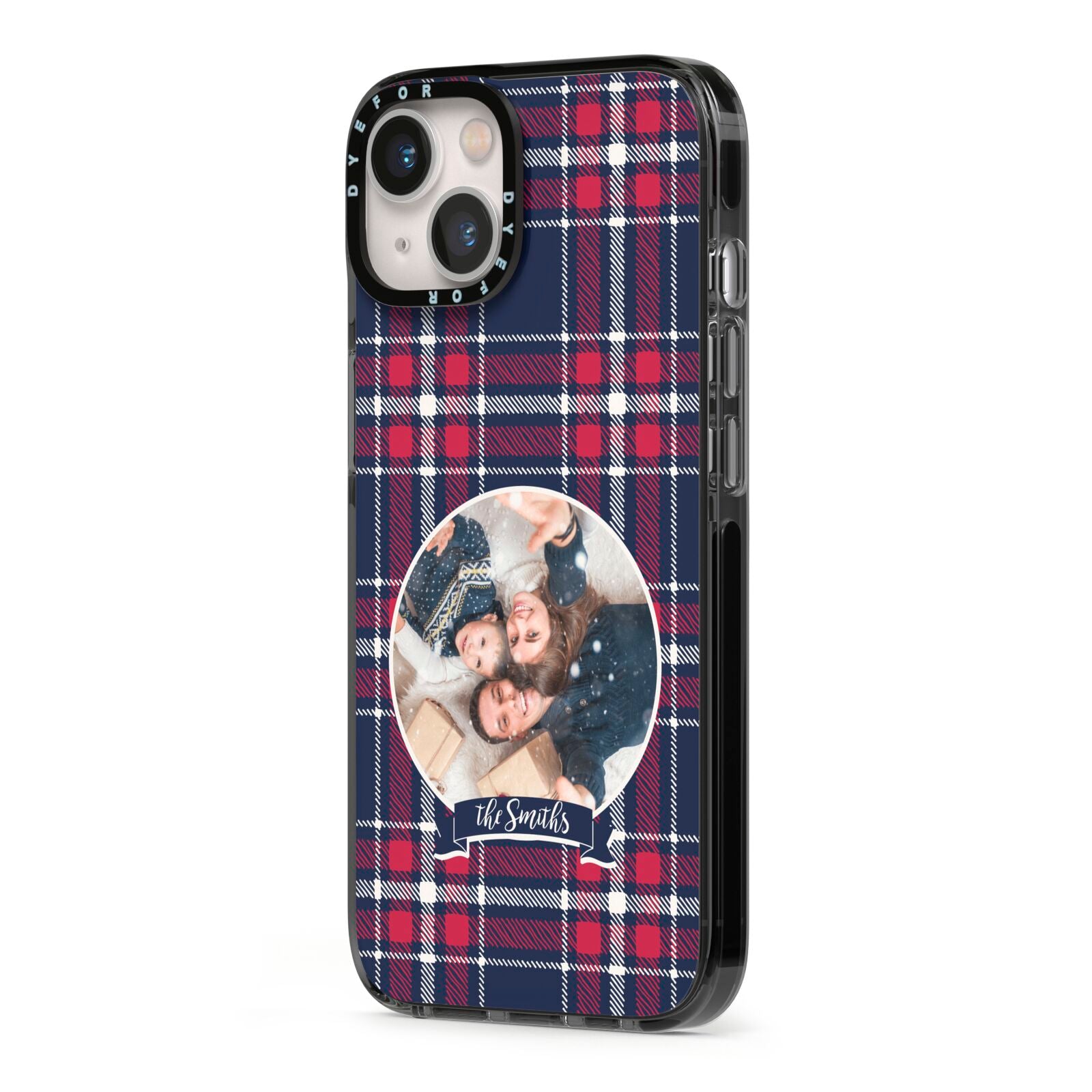Tartan Christmas Photo Personalised iPhone 13 Black Impact Case Side Angle on Silver phone