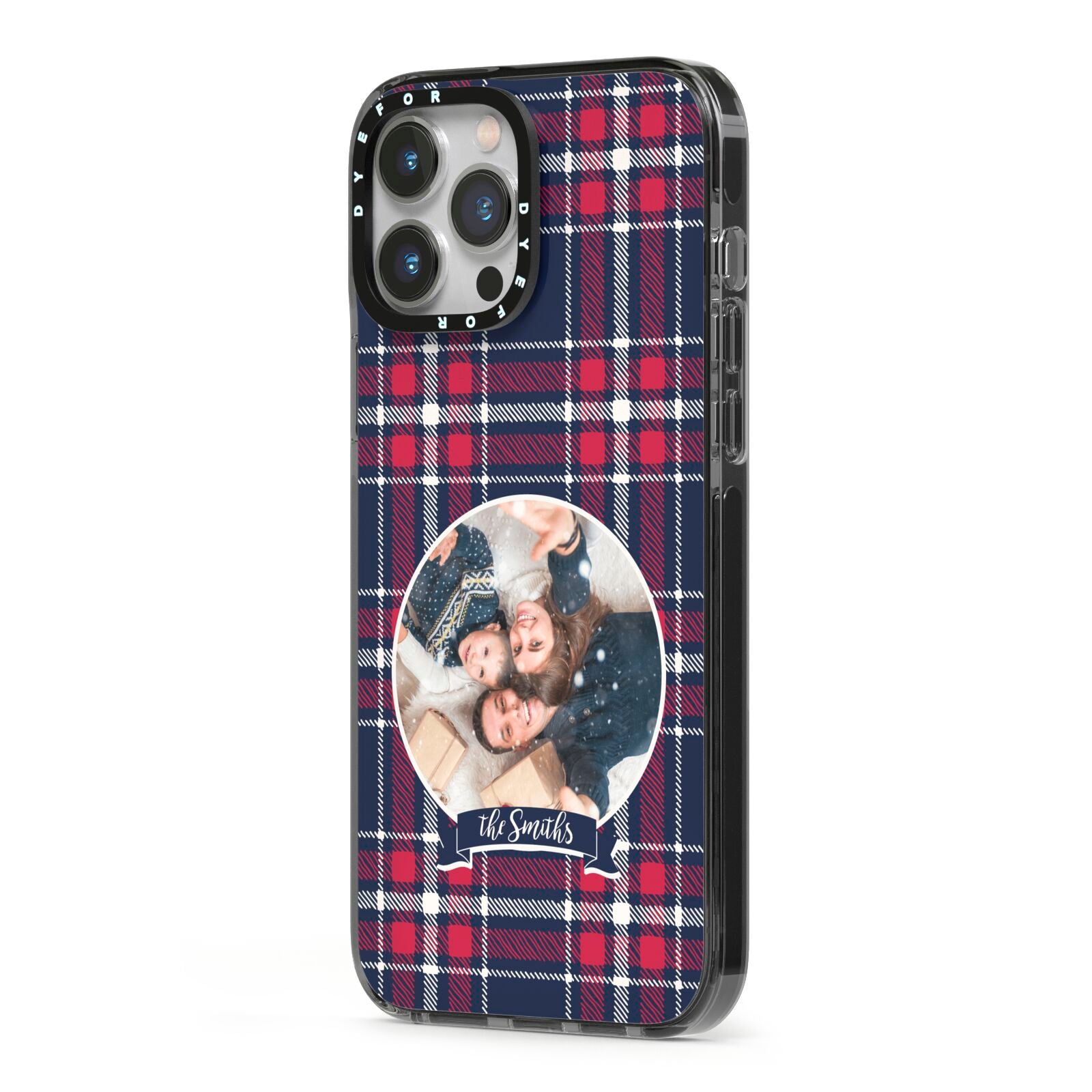 Tartan Christmas Photo Personalised iPhone 13 Pro Max Black Impact Case Side Angle on Silver phone