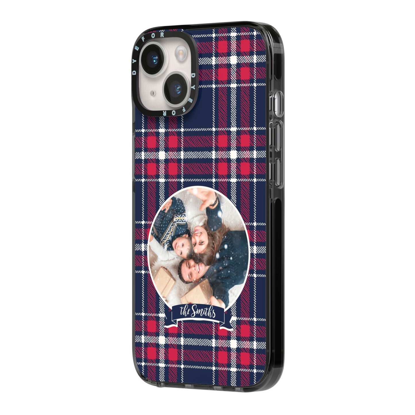 Tartan Christmas Photo Personalised iPhone 14 Black Impact Case Side Angle on Silver phone