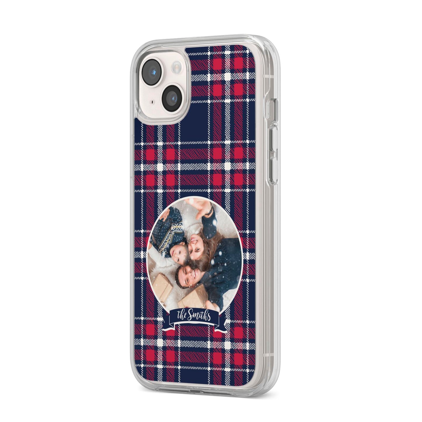 Tartan Christmas Photo Personalised iPhone 14 Plus Clear Tough Case Starlight Angled Image