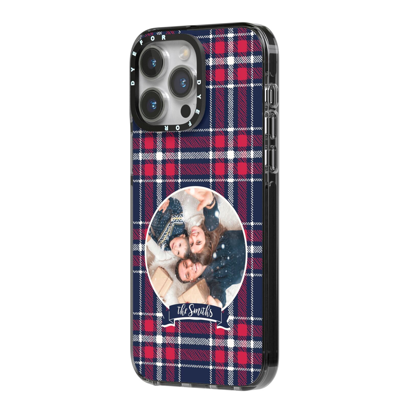 Tartan Christmas Photo Personalised iPhone 14 Pro Max Black Impact Case Side Angle on Silver phone