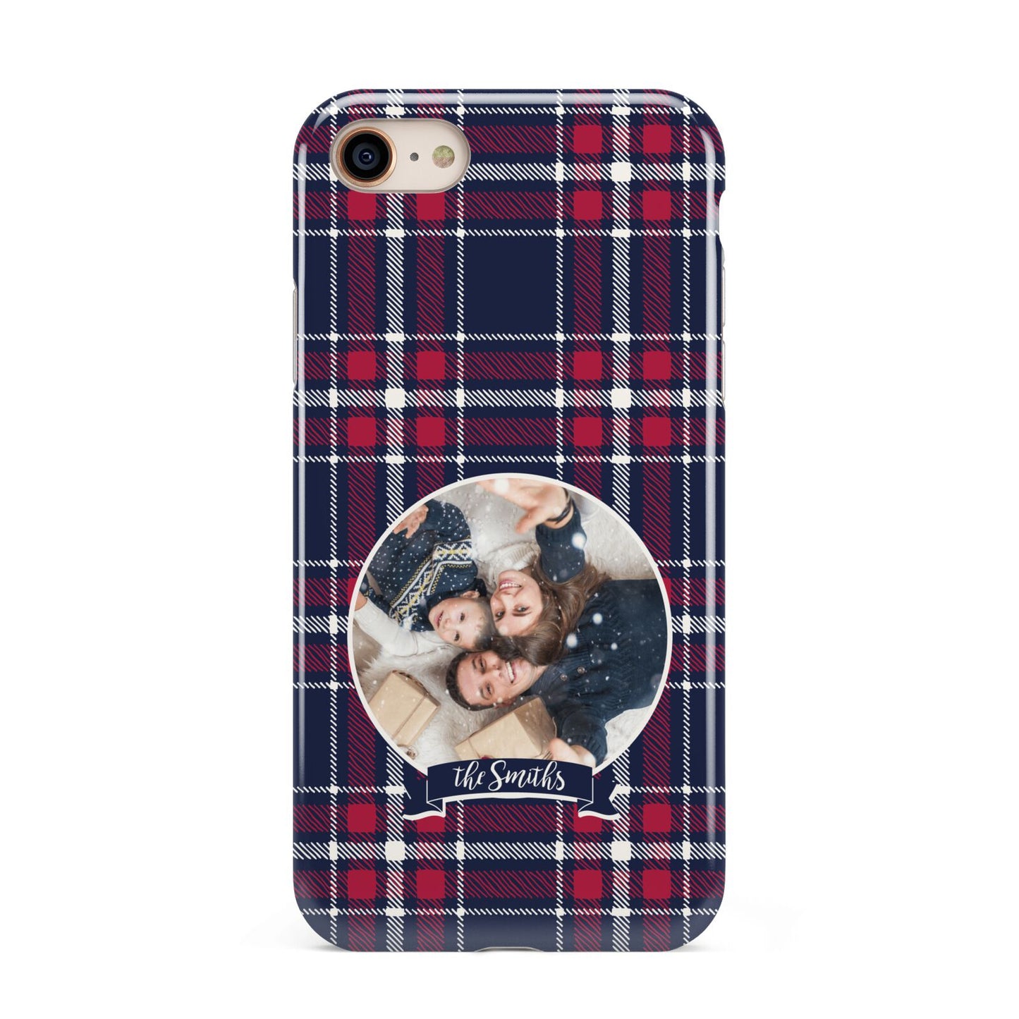 Tartan Christmas Photo Personalised iPhone 8 3D Tough Case on Gold Phone