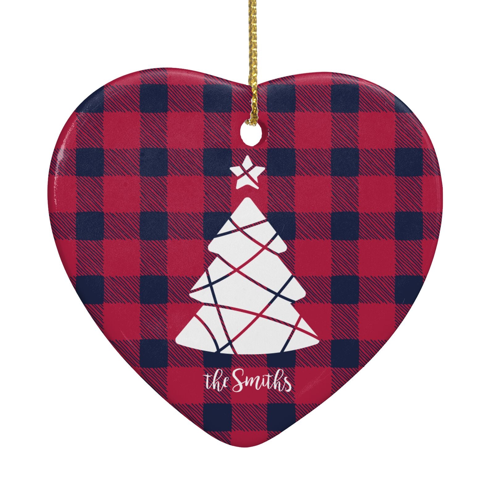 Tartan Christmas Tree Personalised Heart Decoration Back Image