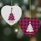 Tartan Christmas Tree Personalised Heart Decoration on Christmas Background