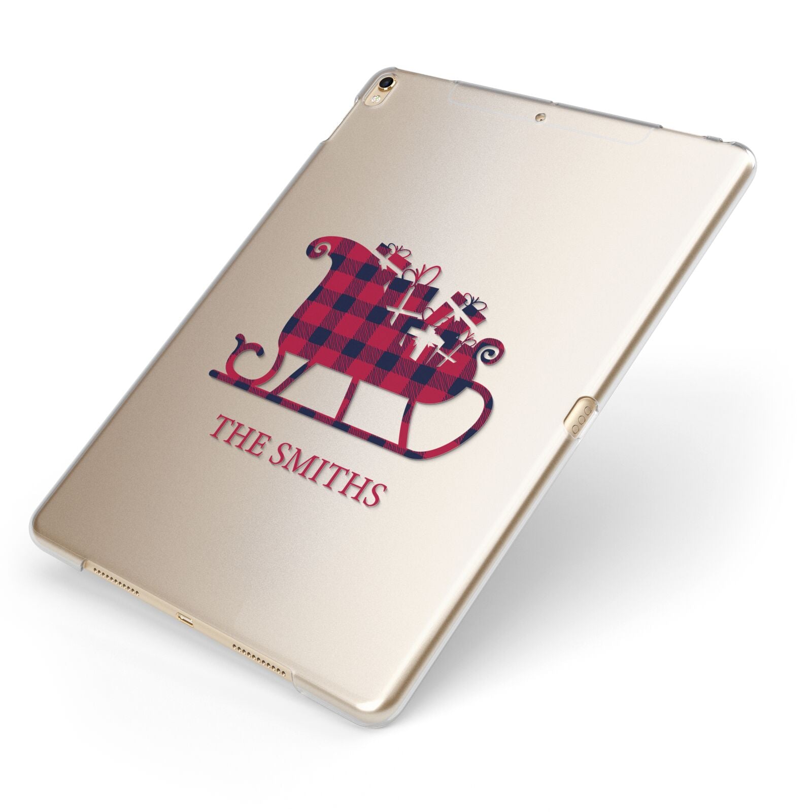 Tartan Santa Sleigh Personalised Surname Apple iPad Case on Gold iPad Side View