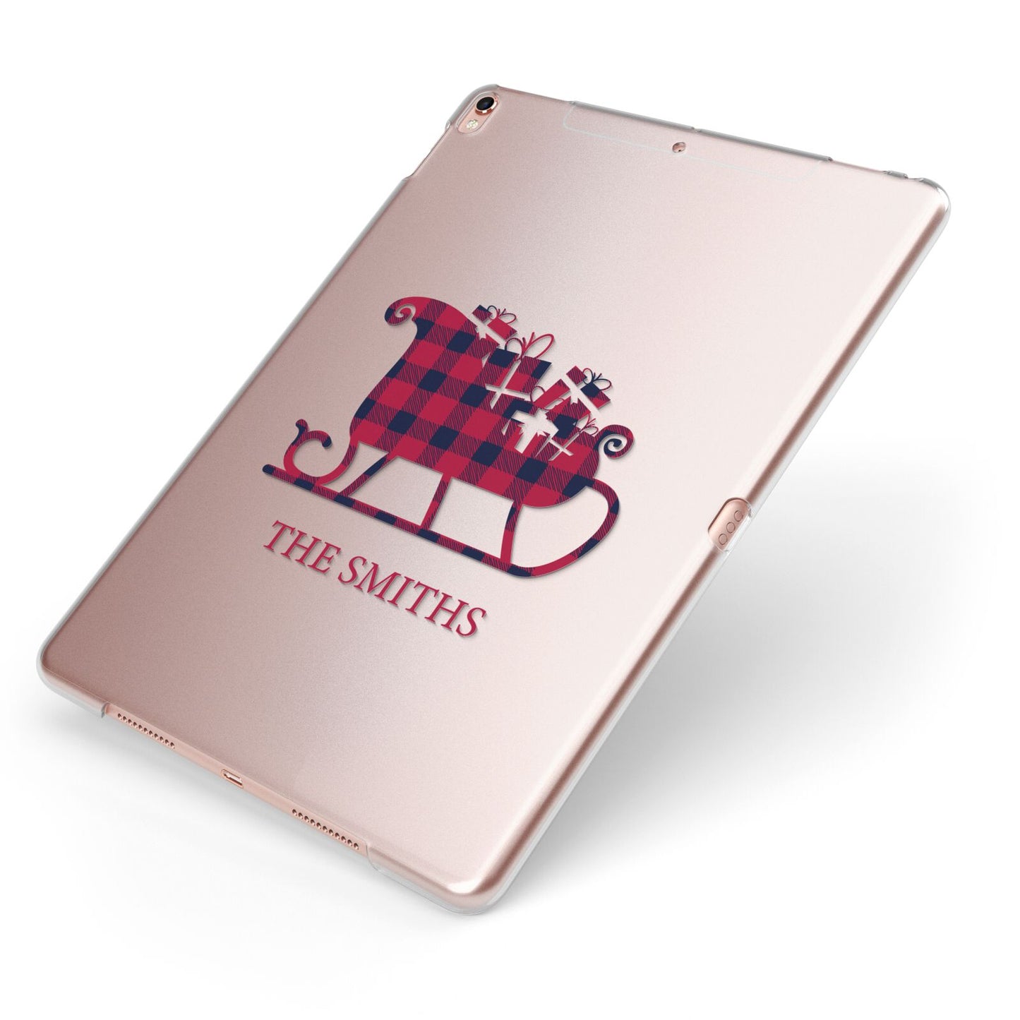 Tartan Santa Sleigh Personalised Surname Apple iPad Case on Rose Gold iPad Side View