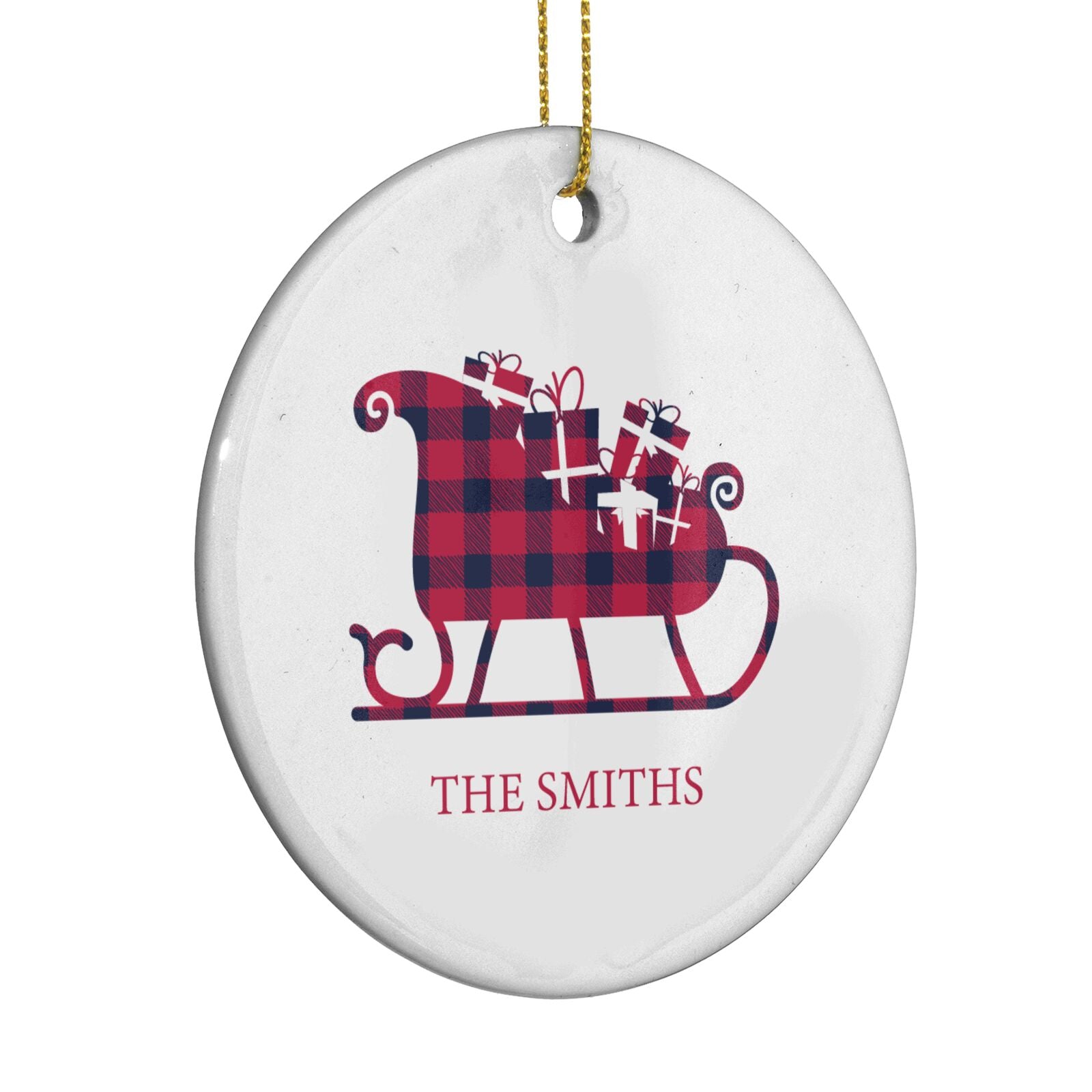 Tartan Santa Sleigh Personalised Surname Circle Decoration Side Angle