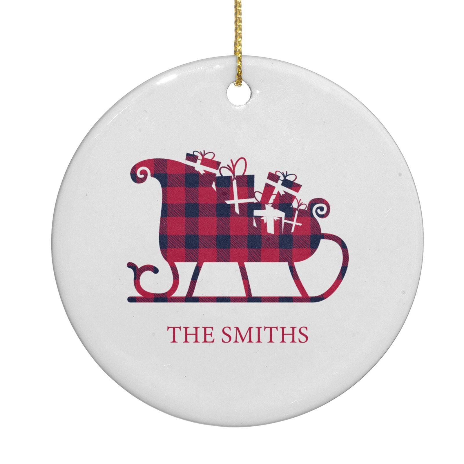 Tartan Santa Sleigh Personalised Surname Circle Decoration