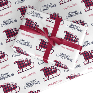Tartan Santa Sleigh Personalised Surname Wrapping Paper