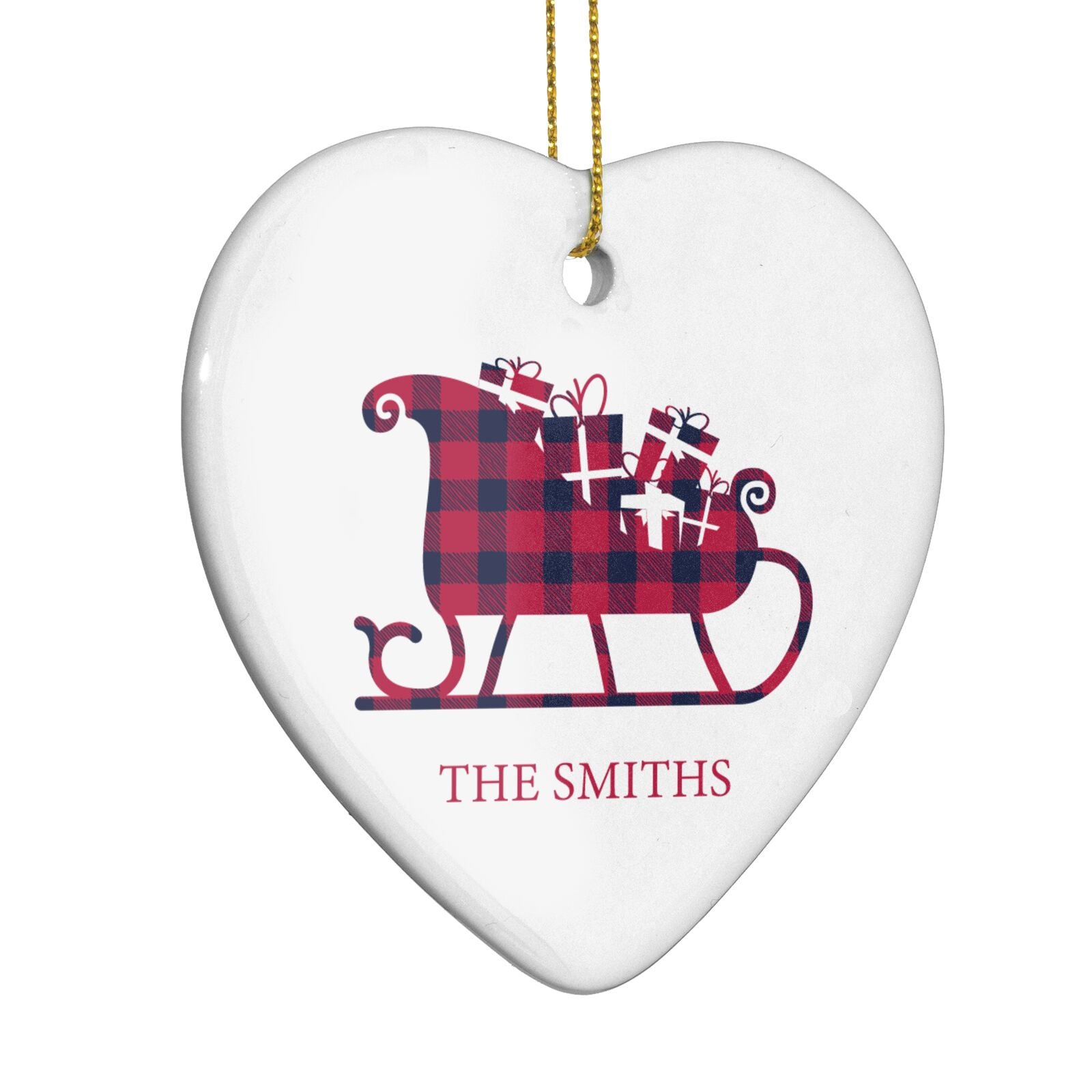 Tartan Santa Sleigh Personalised Surname Heart Decoration Side Angle