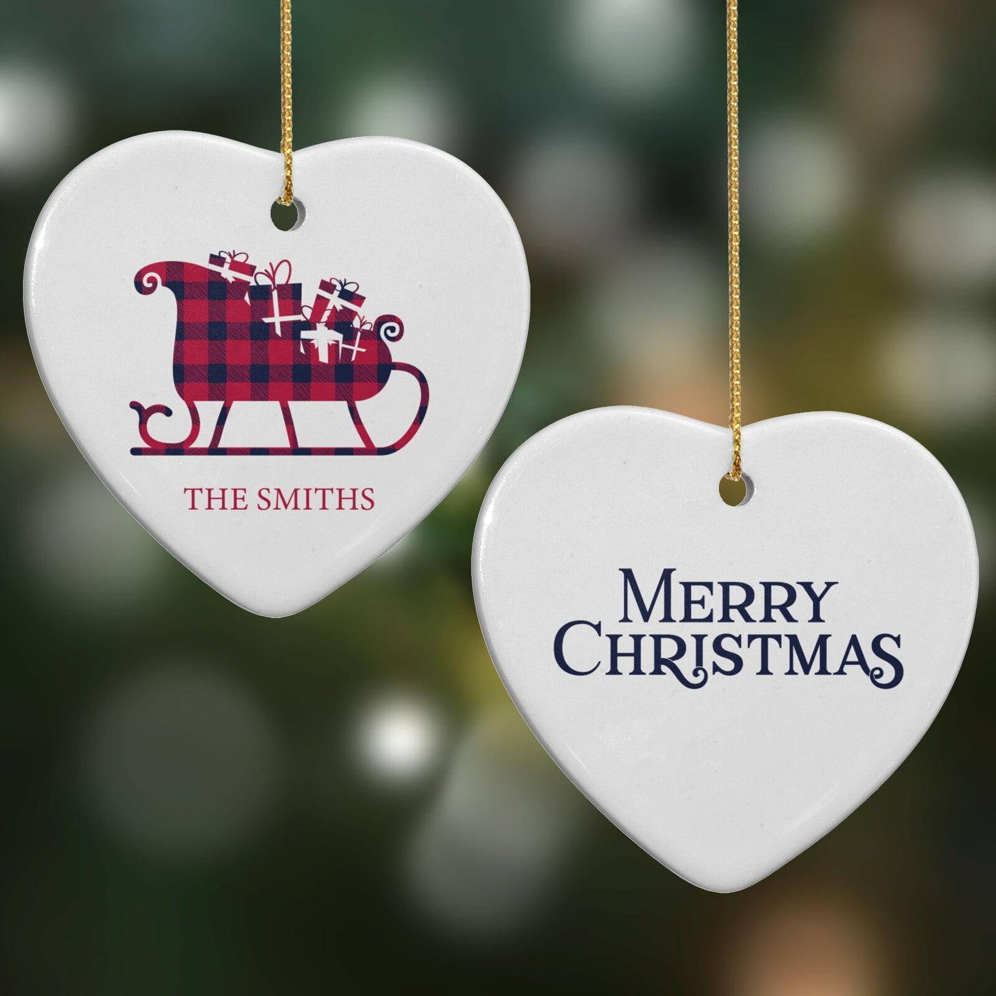 Tartan Santa Sleigh Personalised Surname Heart Decoration on Christmas Background